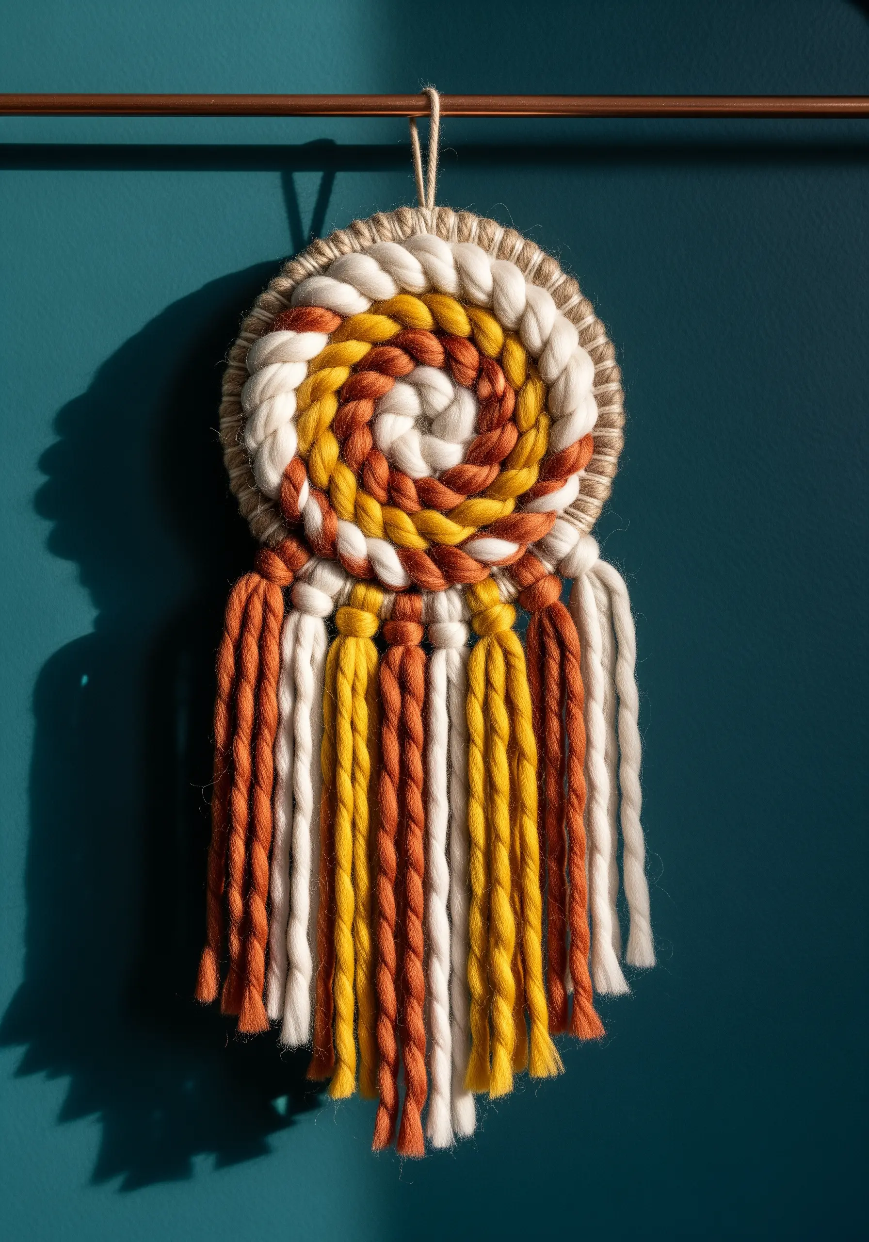 A round, coiled woven wall hanging with tassels in orange, yellow, and white.