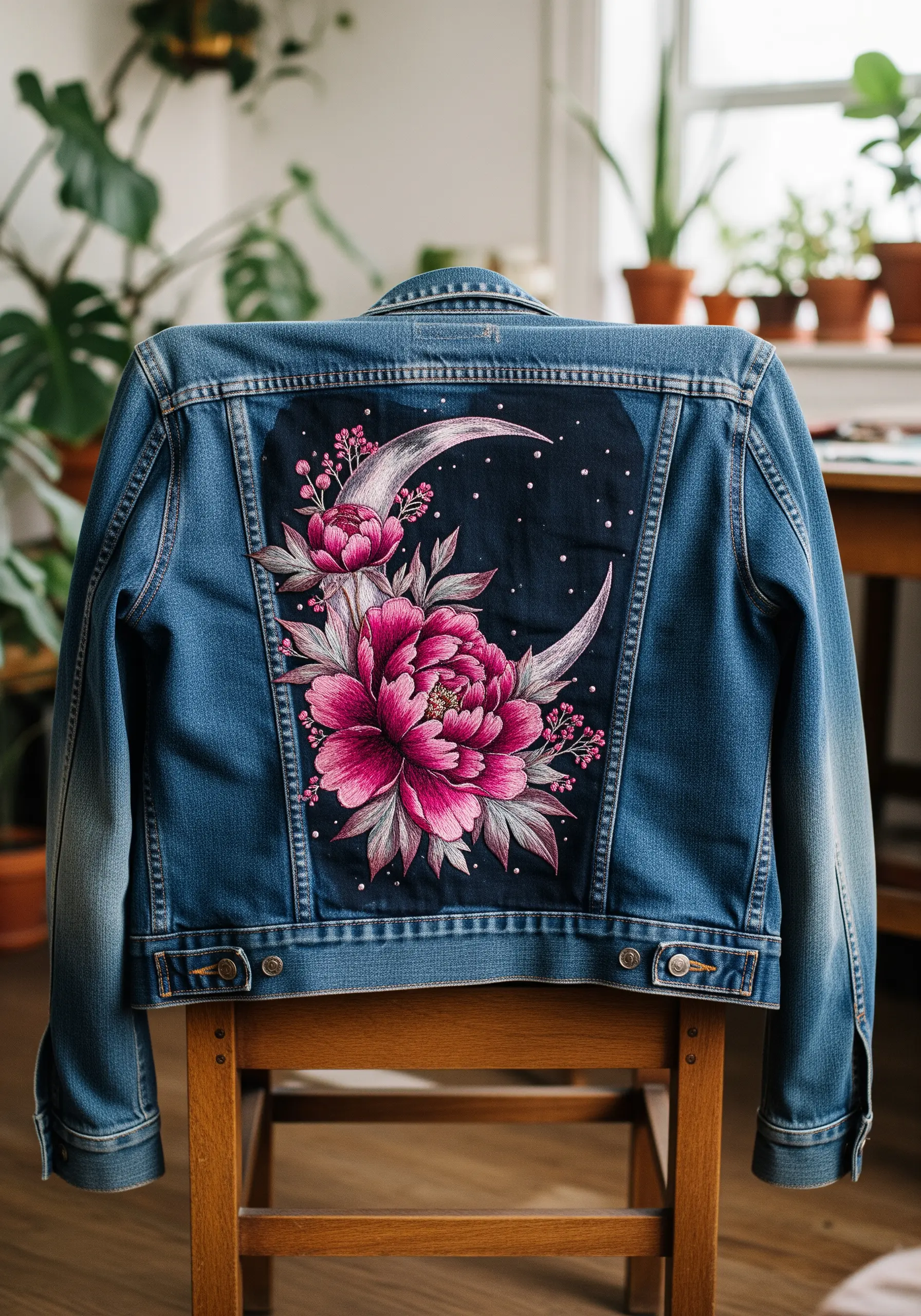 Detailed floral and moon embroidery on the back panel of a denim jacket.