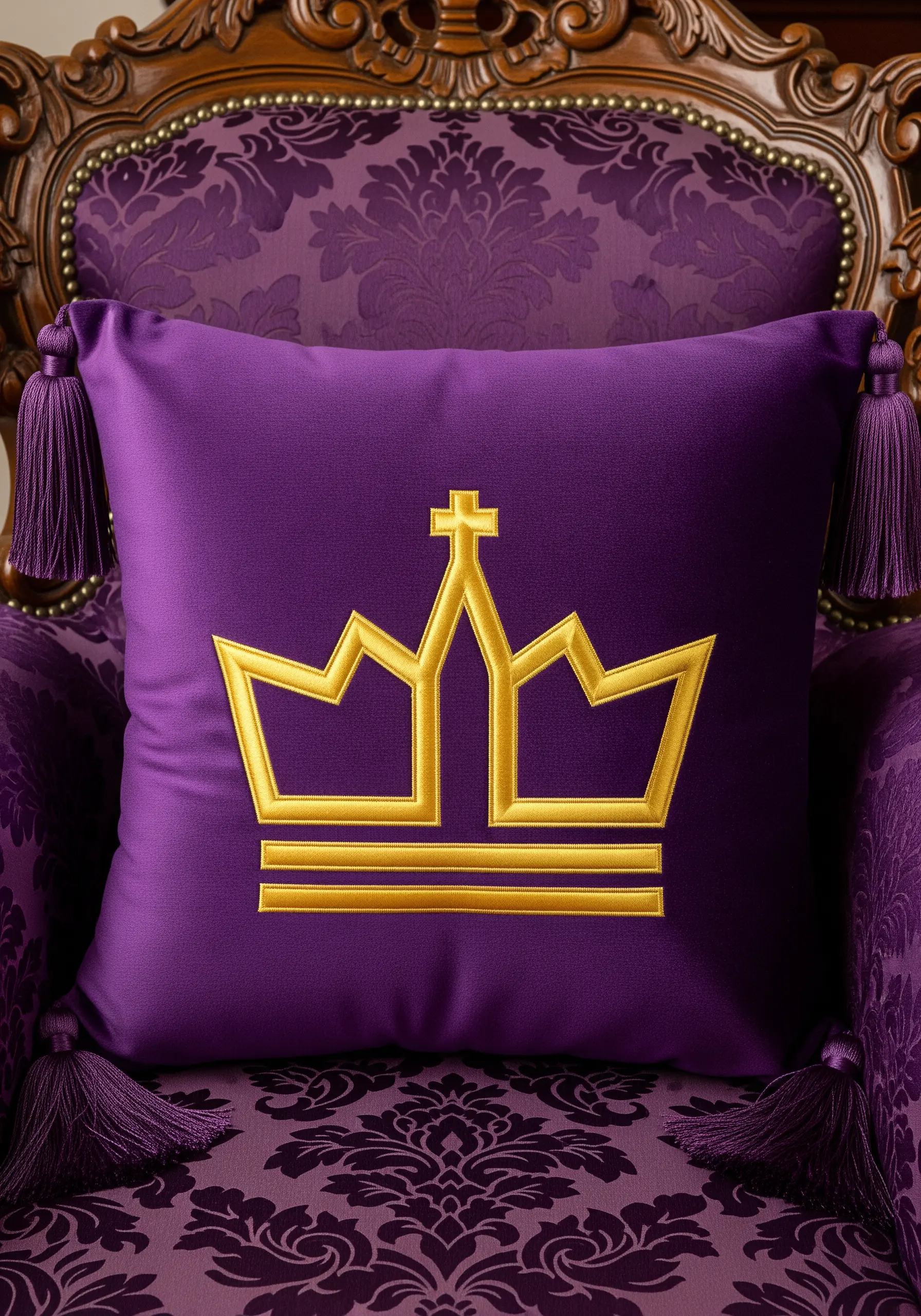 Thick, raised gold satin stitch outline of a crown on a purple cushion.