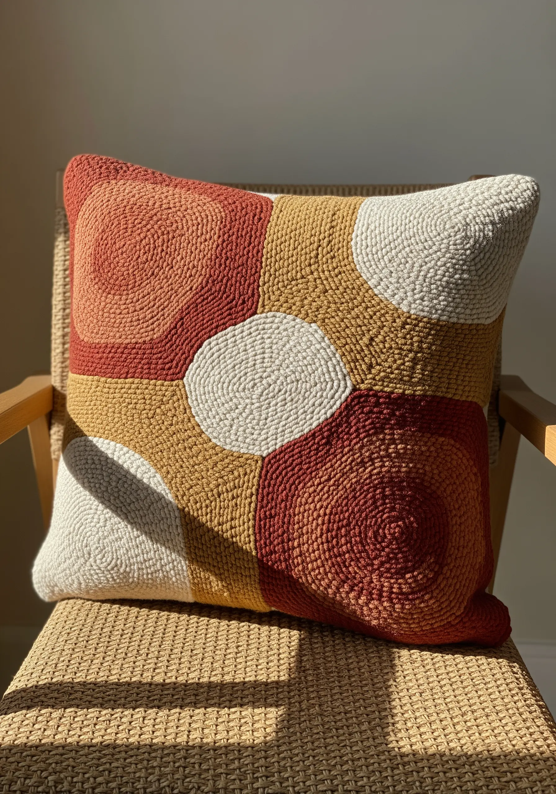 Punch needle pillow with a geometric color-block pattern in warm earth tones.