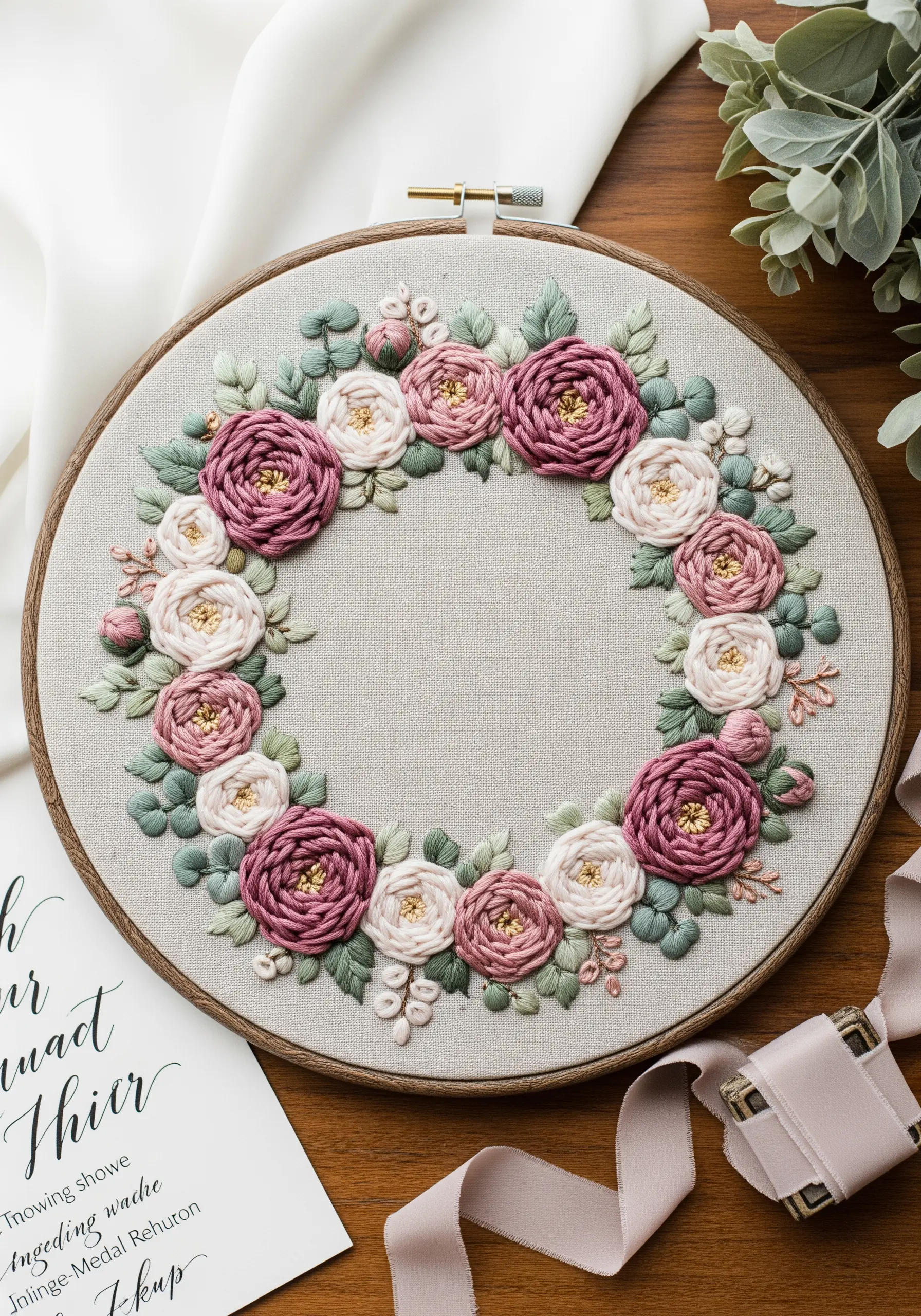Dimensional embroidered wreath with pink and white woven wheel roses and French knot centers.