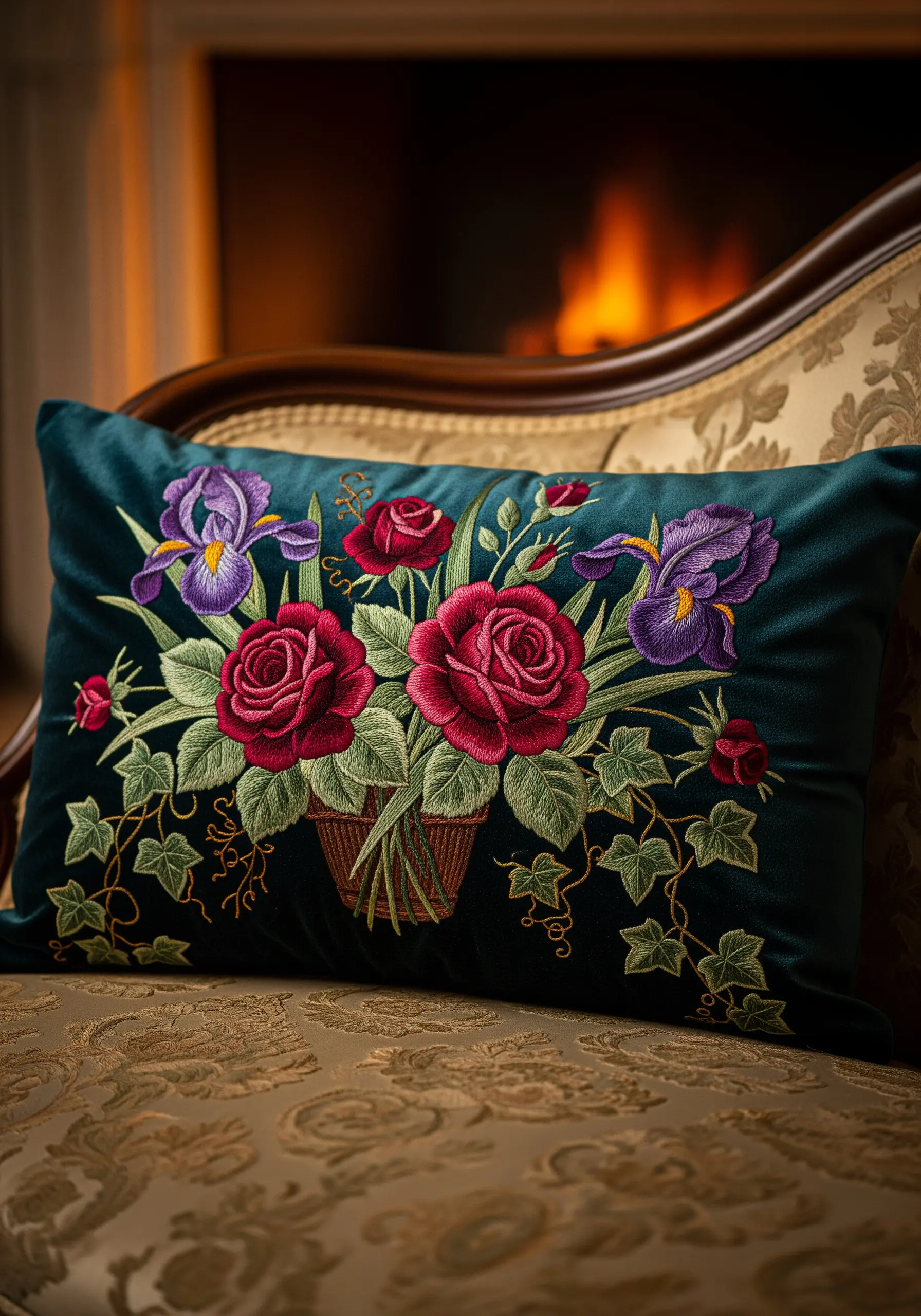 Embroidered red roses and purple irises on a deep teal velvet cushion.