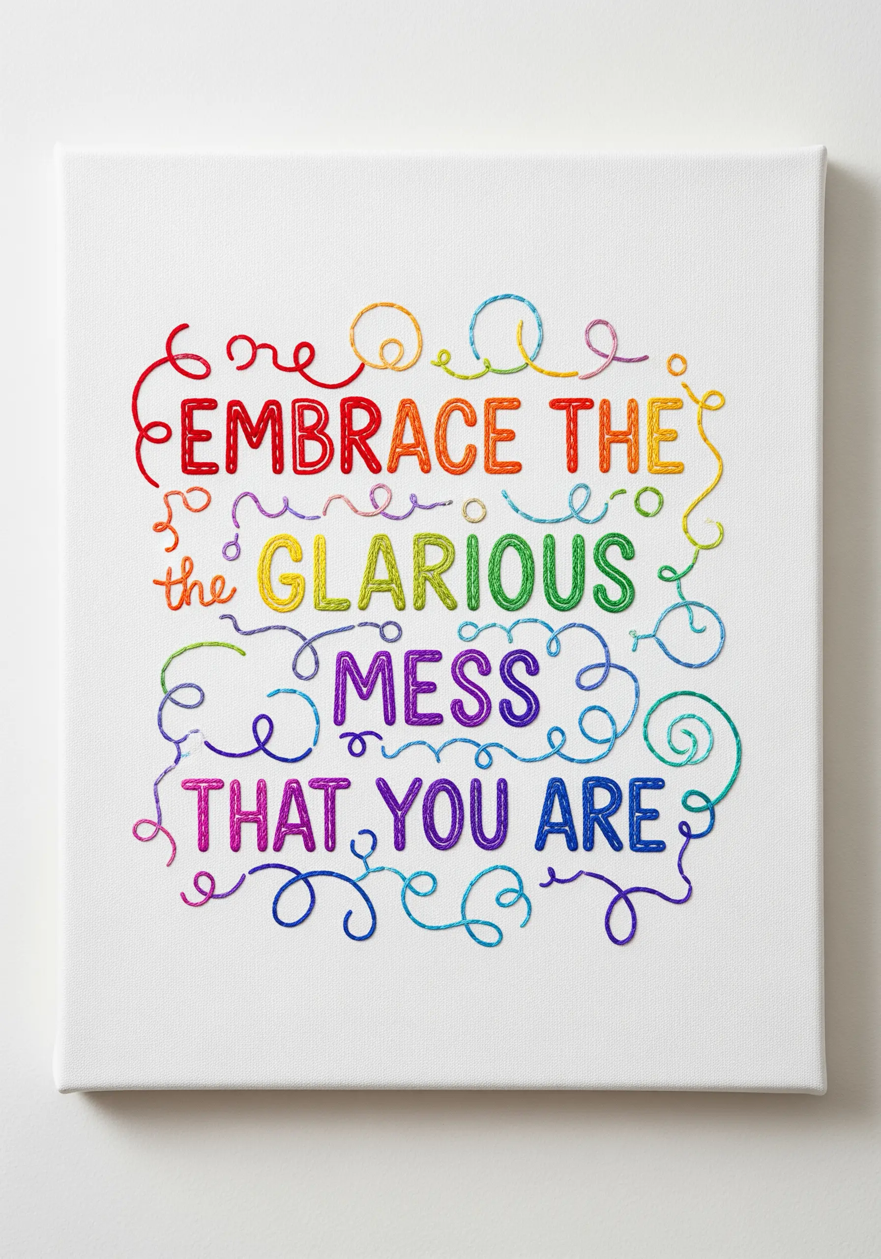 Rainbow gradient embroidered quote on a white canvas in a playful, messy script.