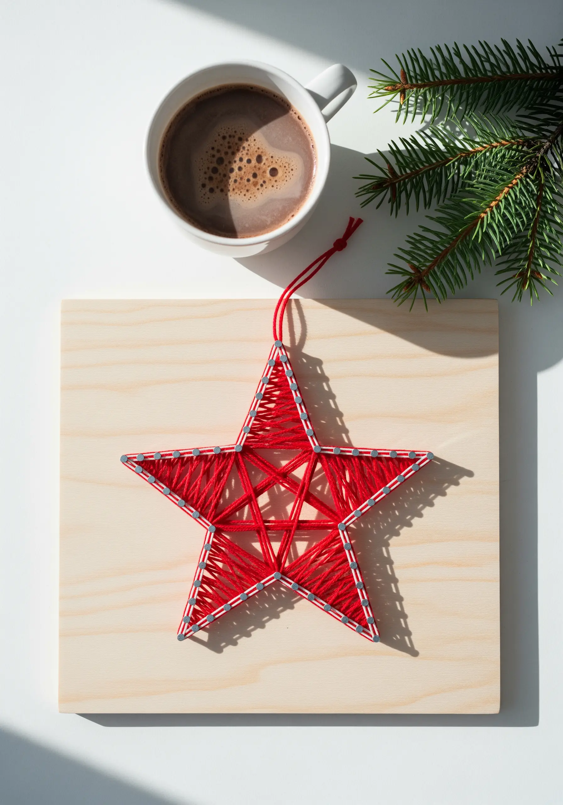 Bright red string art star on a light wooden board with silver pins.