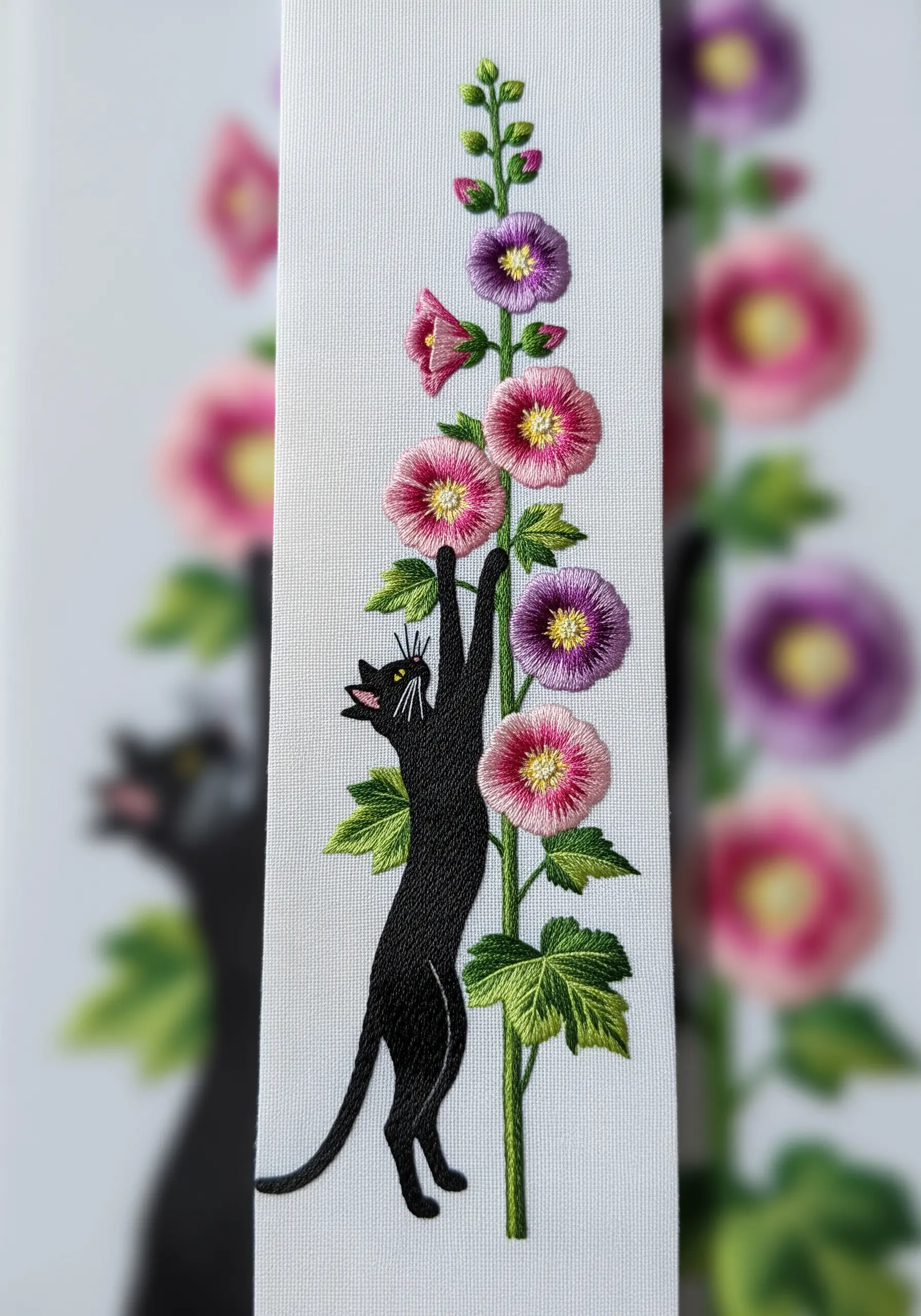 A black cat silhouette climbing a stalk of embroidered hollyhock flowers.