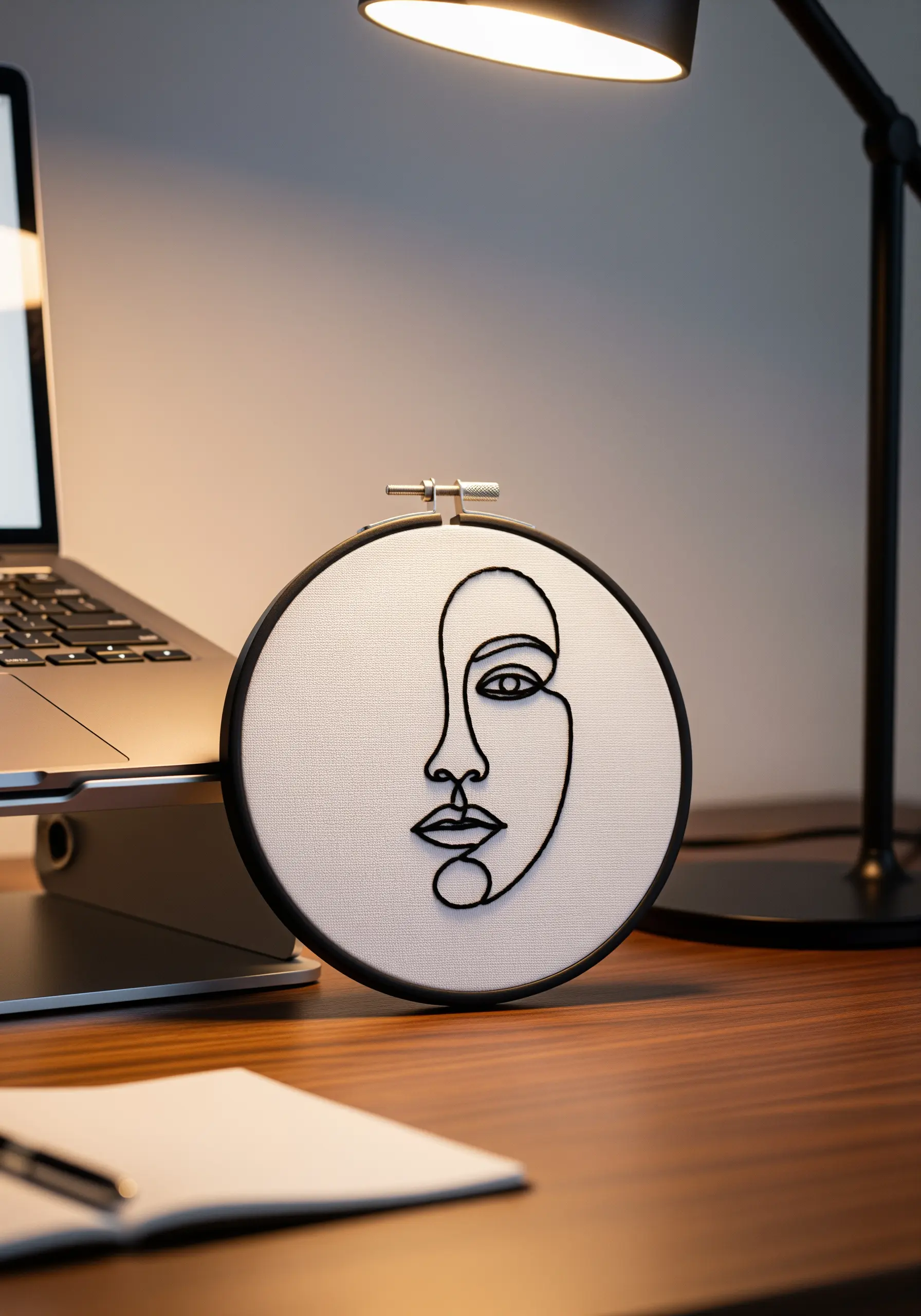 Black thread one-line art face embroidery on white fabric in a black hoop.