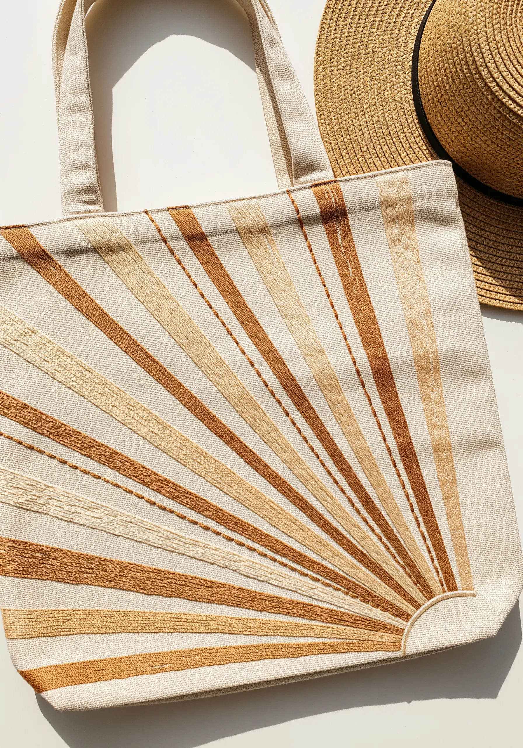 Abstract sunray design embroidered in shades of beige and brown on a tote bag.