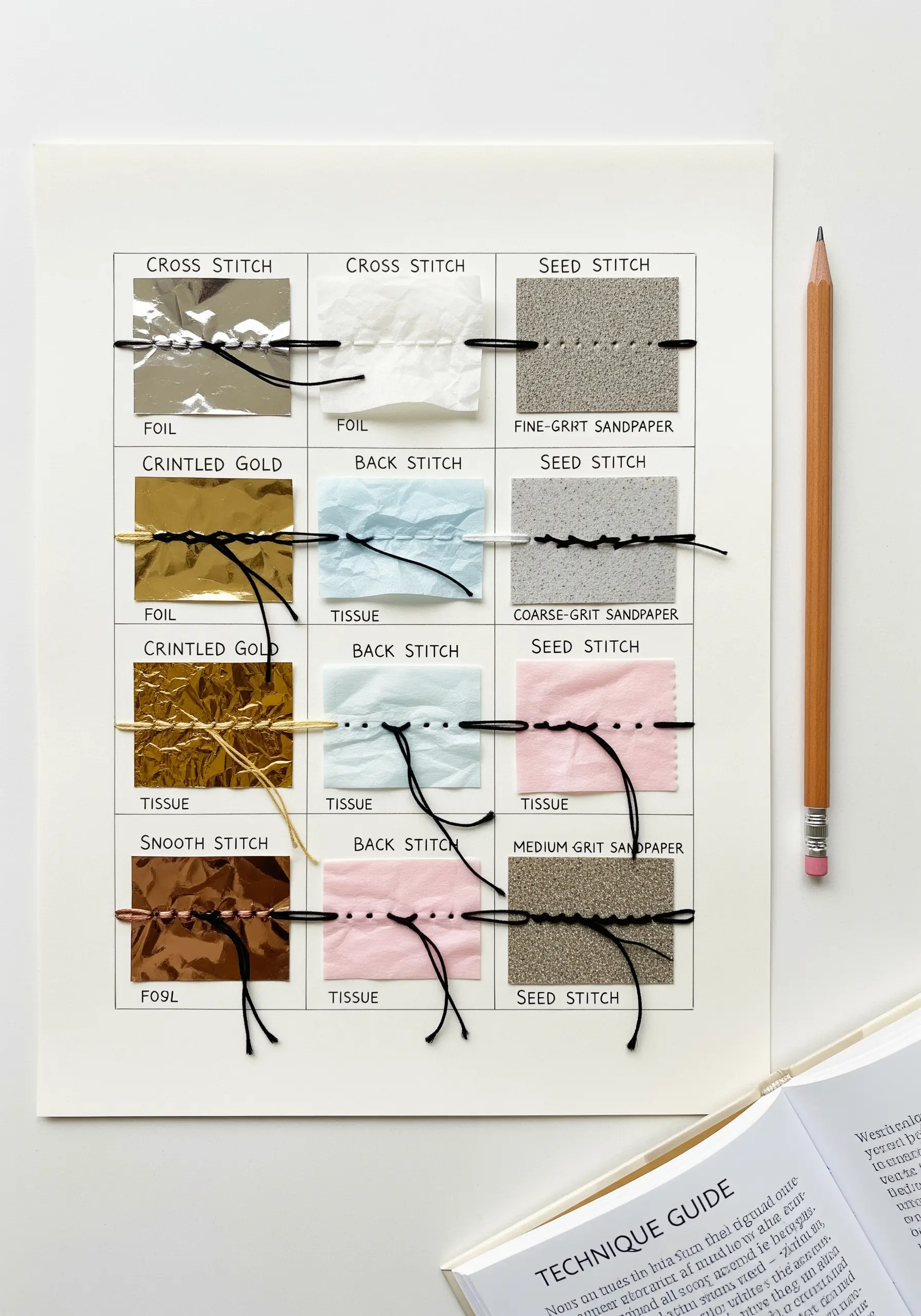 Sampler chart showing stitches on foil, tissue paper, and sandpaper