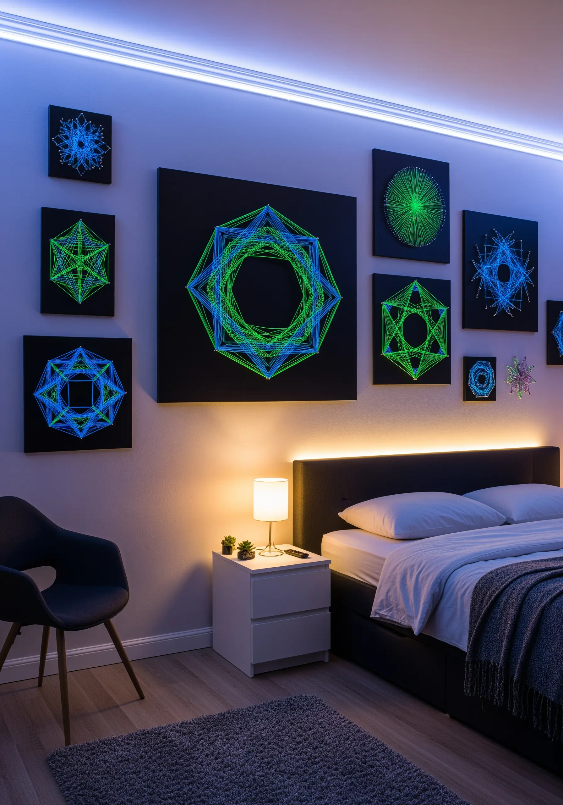 Geometric neon string art collection on black boards
