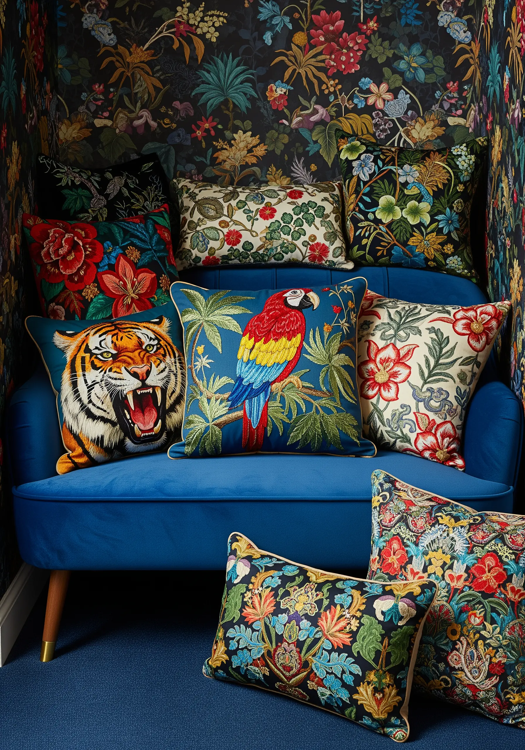 A collection of maximalist embroidered pillows with a tiger, parrot, and dense florals.