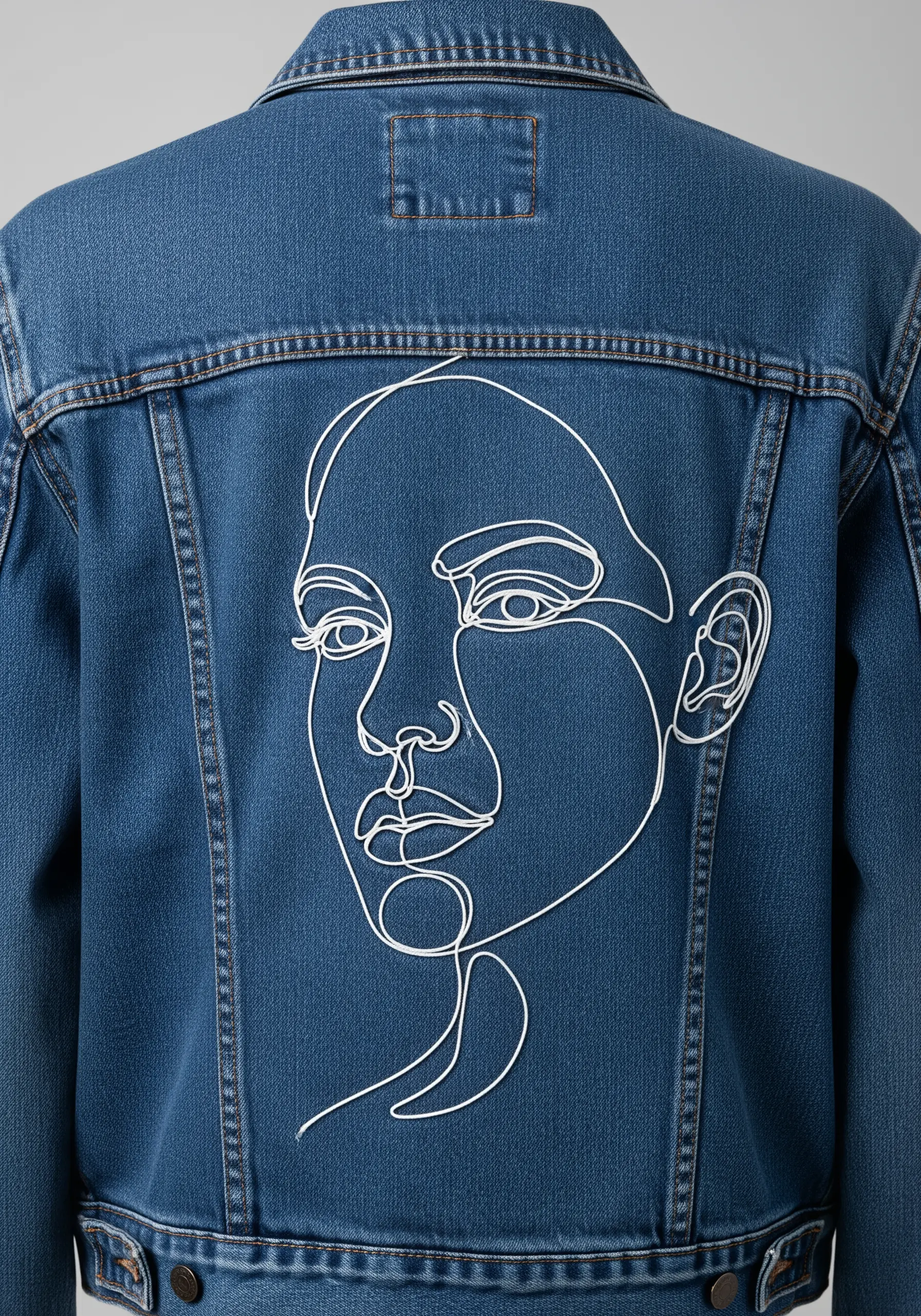 A large, continuous white line-art portrait covering the entire back panel of a denim jacket.