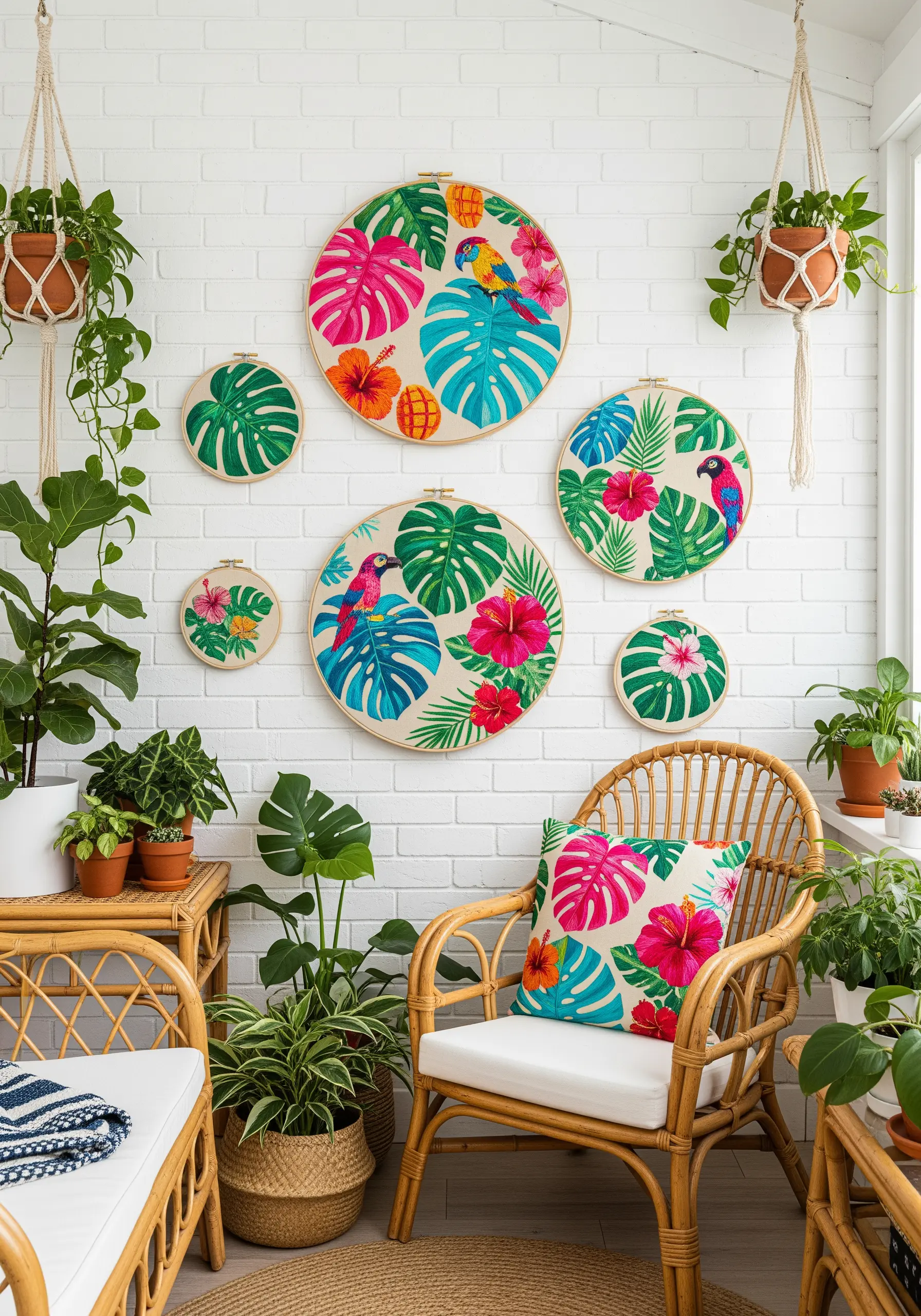 Embroidery hoops with tropical leaves, parrots, and hibiscus in bright colors.