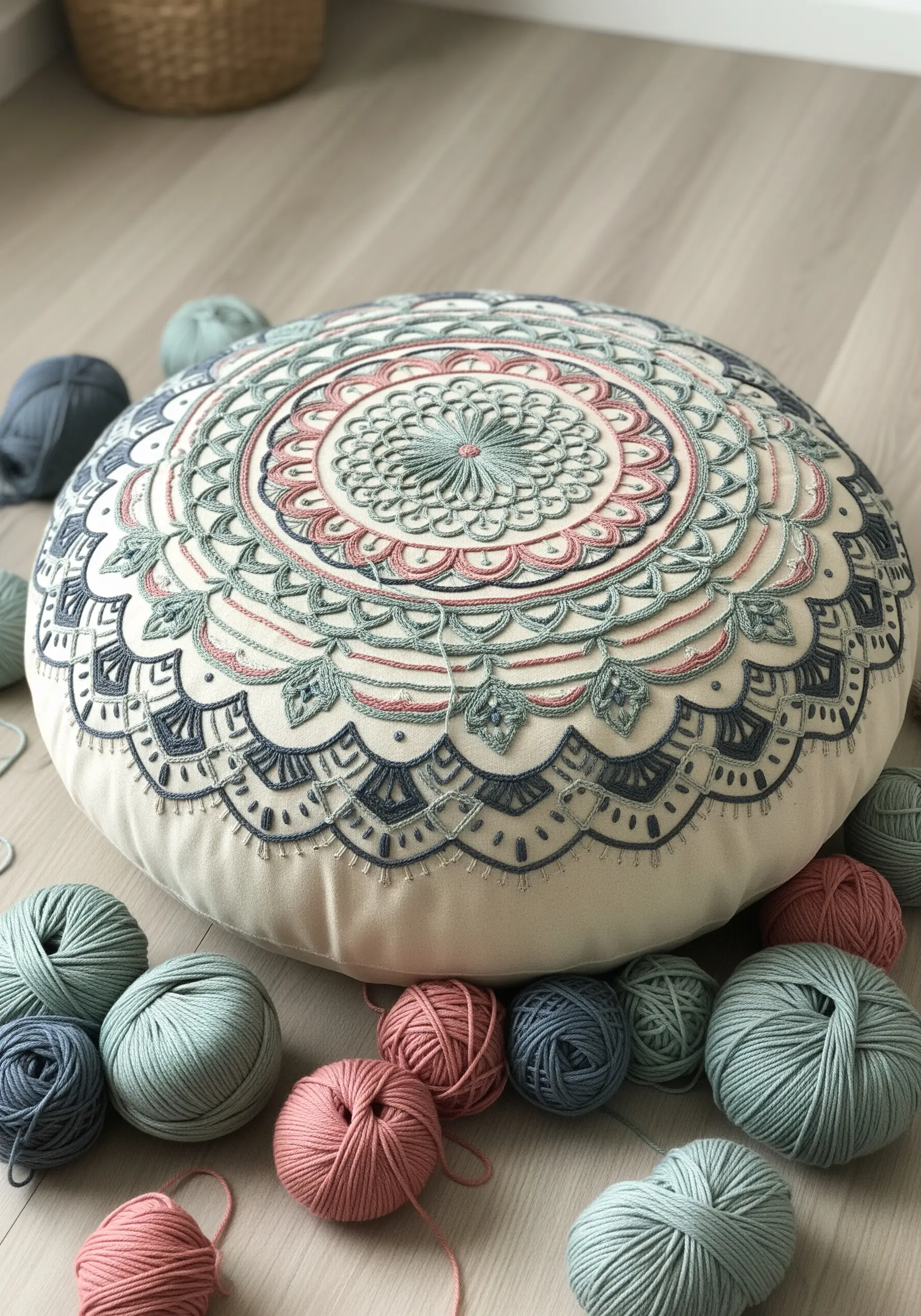 A large, round floor cushion embroidered with an intricate mandala pattern.