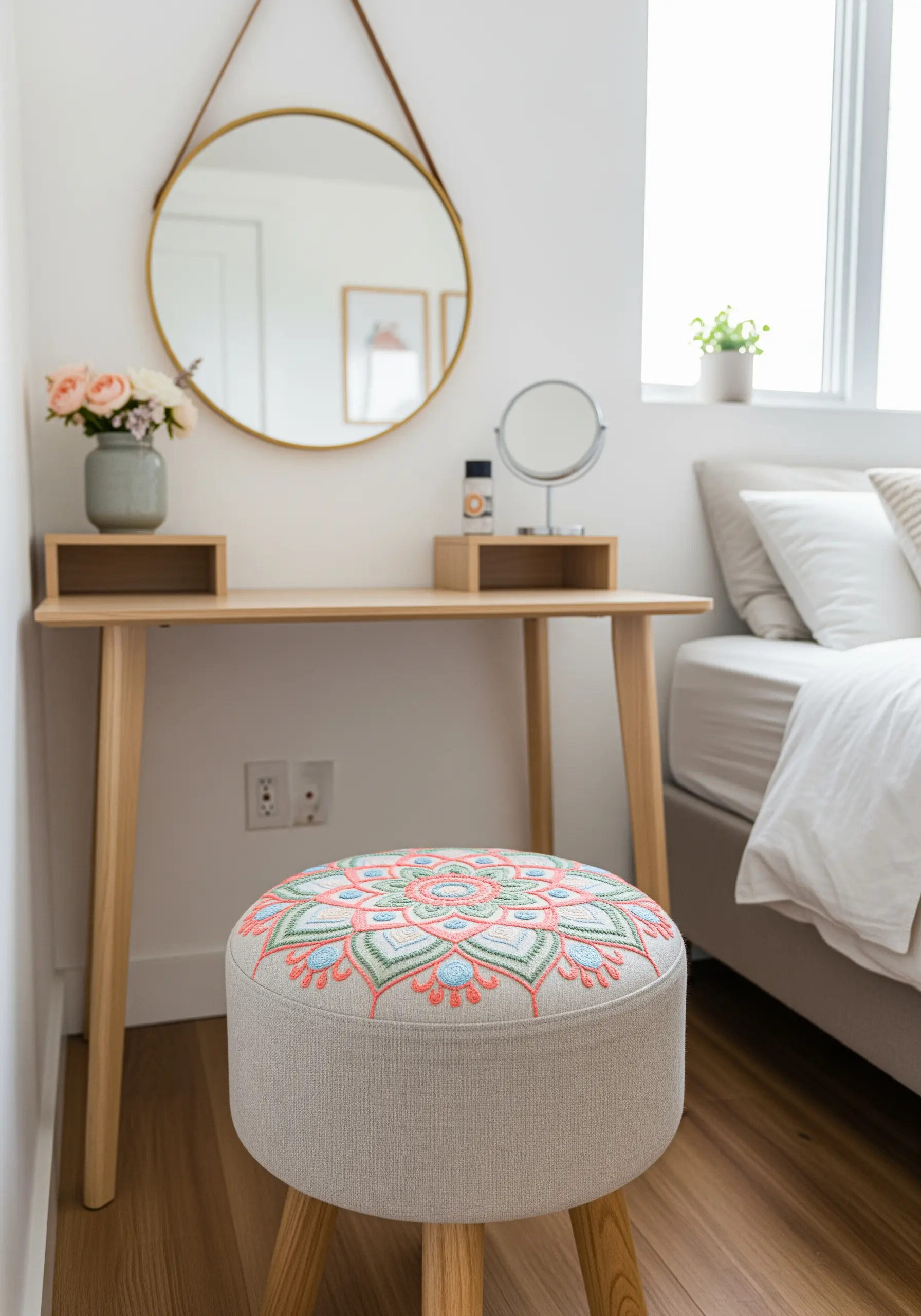 A round vanity stool upholstered in linen with a large, colorful embroidered mandala.