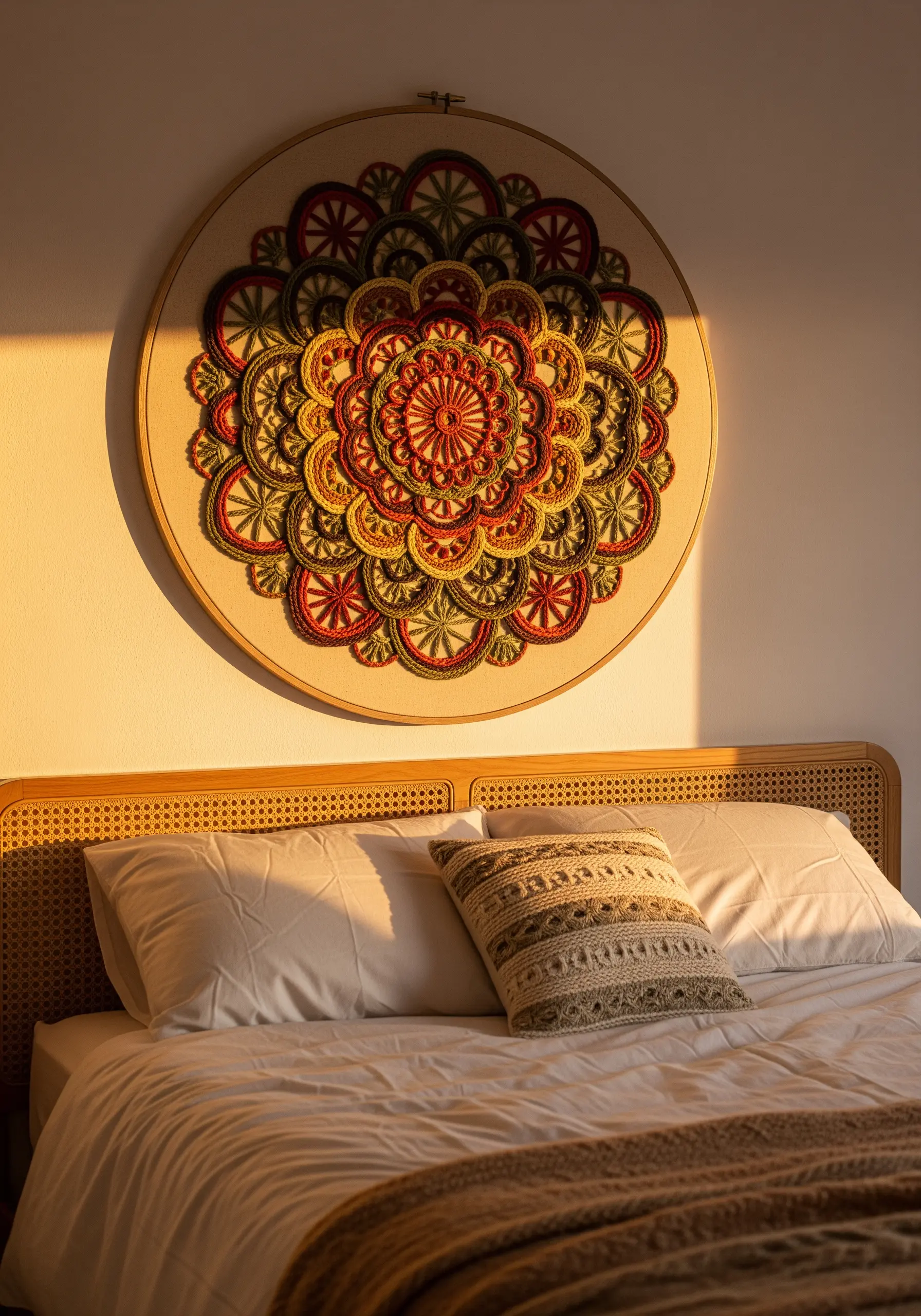 A large, intricate mandala embroidery with layered red, green, and gold thread on a bedroom wall.