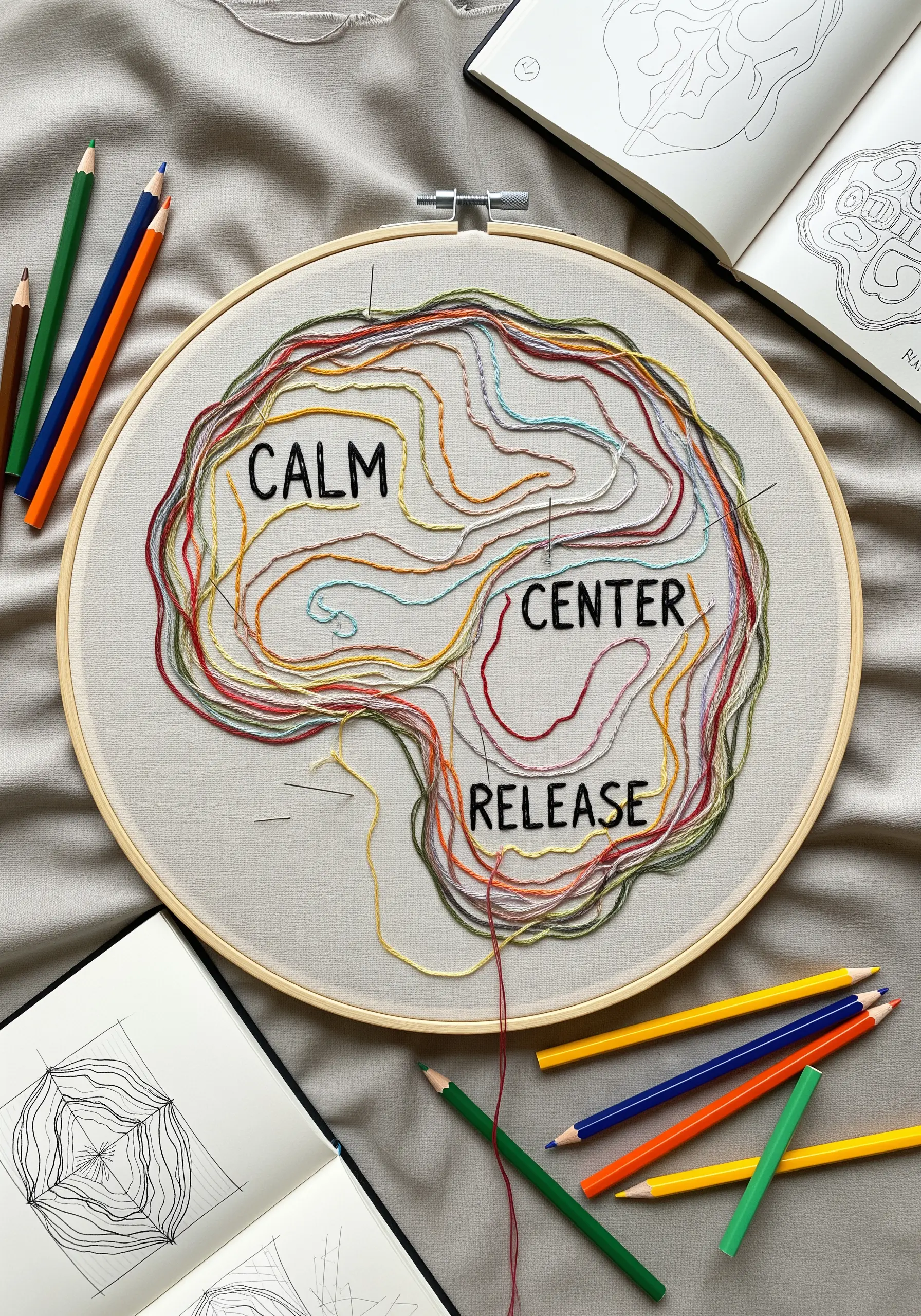 An embroidery hoop showing a brain outline filled with colorful, flowing lines of thread and focus words.