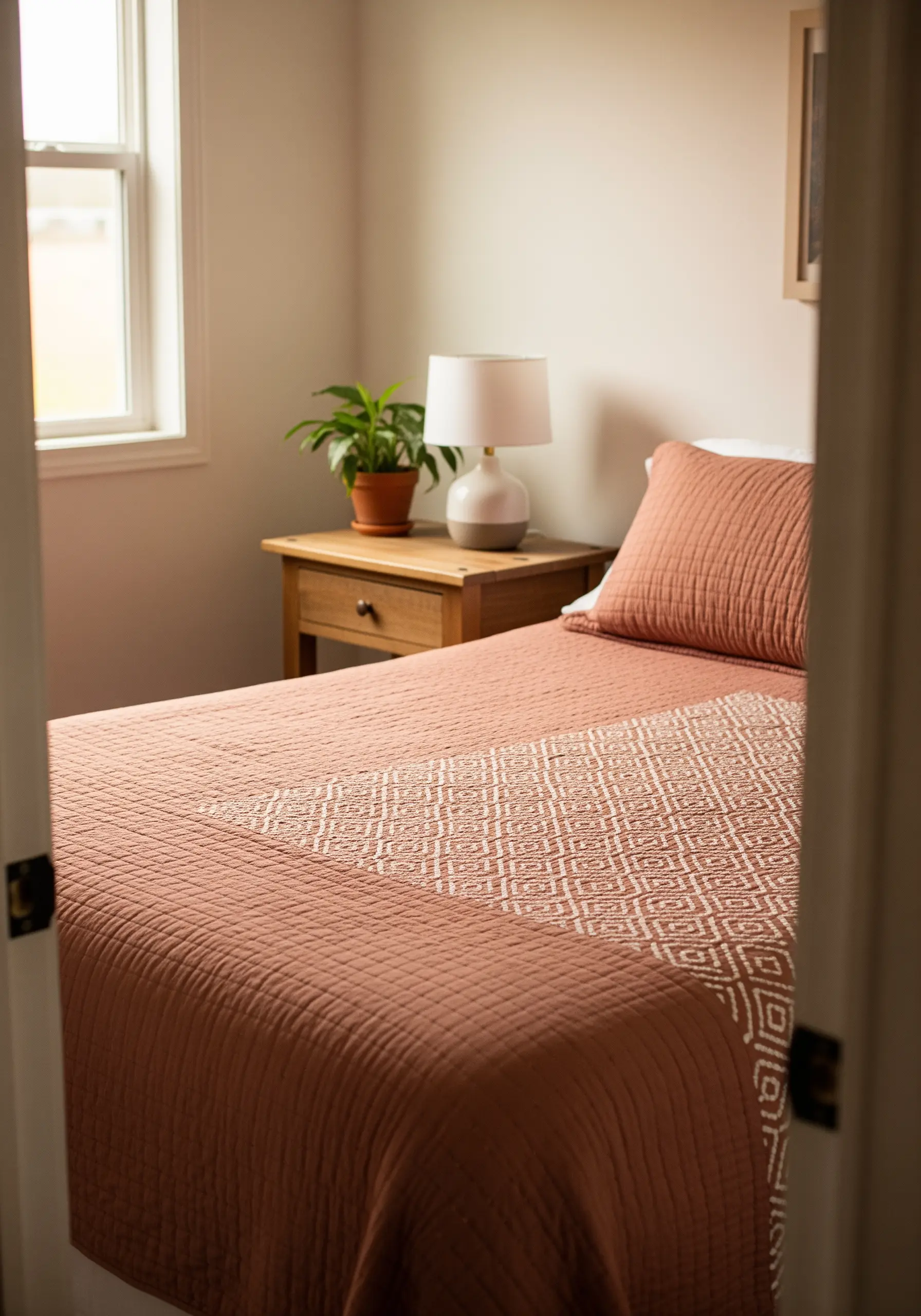 A geometric Sashiko-style pattern stitched in white on a dusty rose-colored quilt.