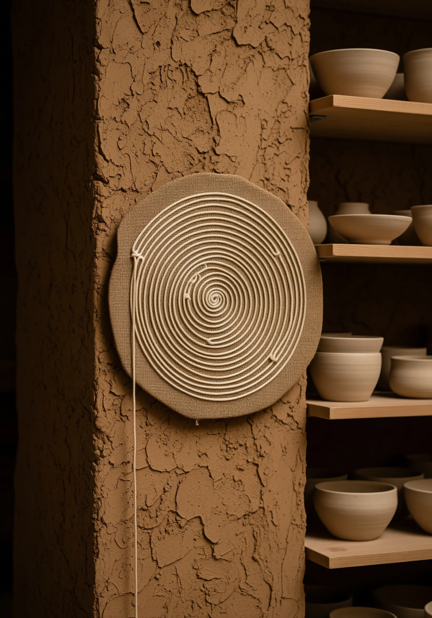 A perfect spiral of thick white cord couched onto burlap fabric in a pottery studio.