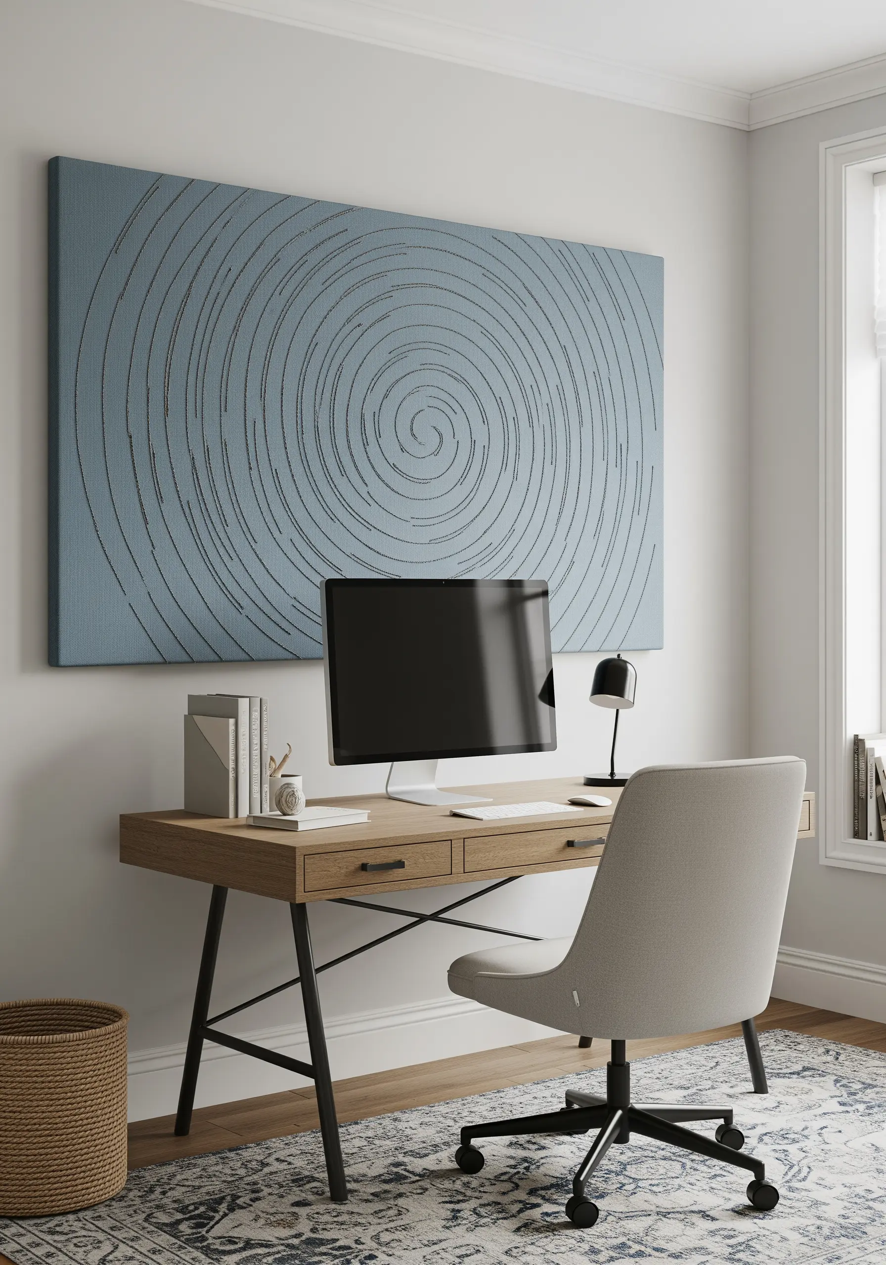 A large blue canvas with a spiral pattern created from dense, textured seed stitches.