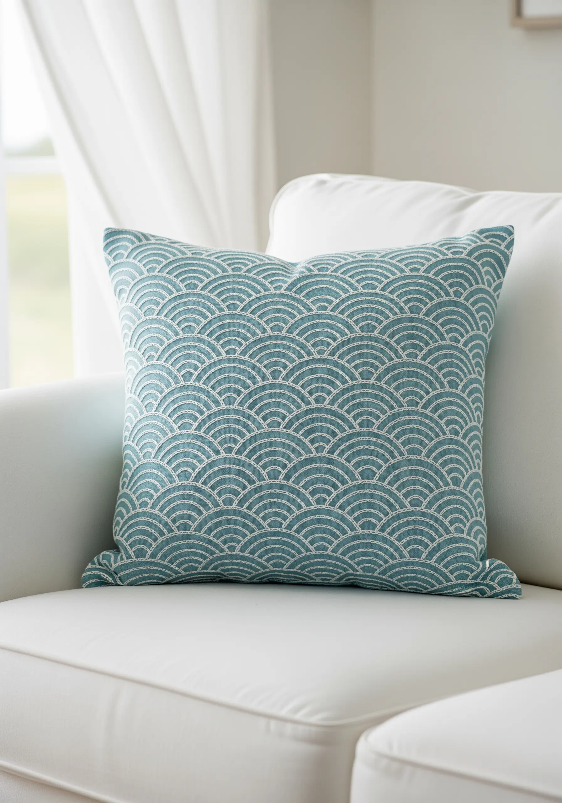 A geometric Japanese wave pattern embroidered in white on a teal pillow.