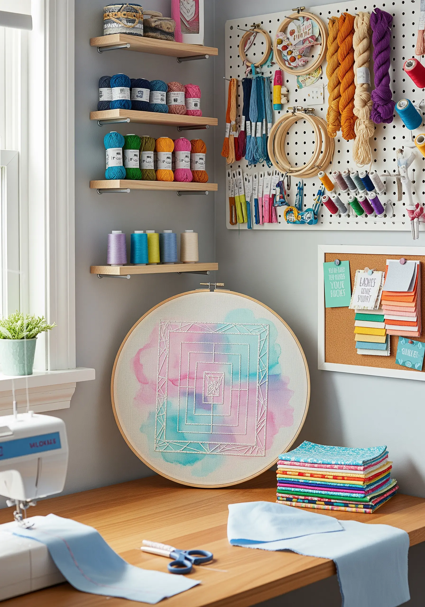 A geometric pattern stitched in white over a pastel watercolor background.