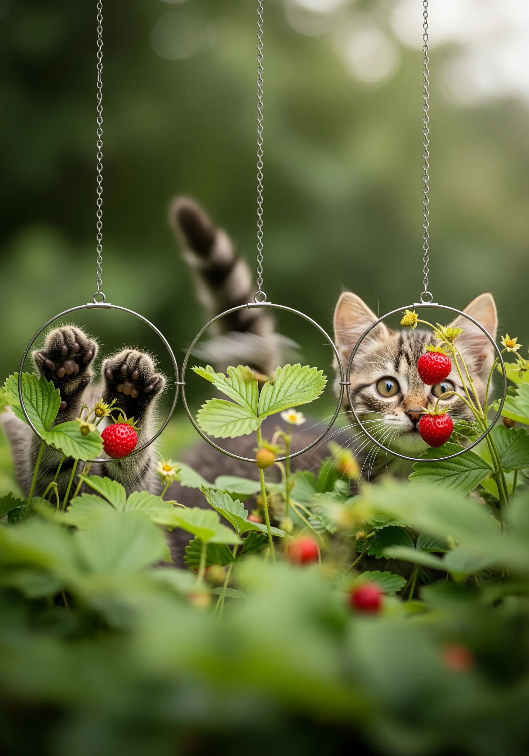 A photograph of kittens in a strawberry patch with embroidery hoops stitched over it.