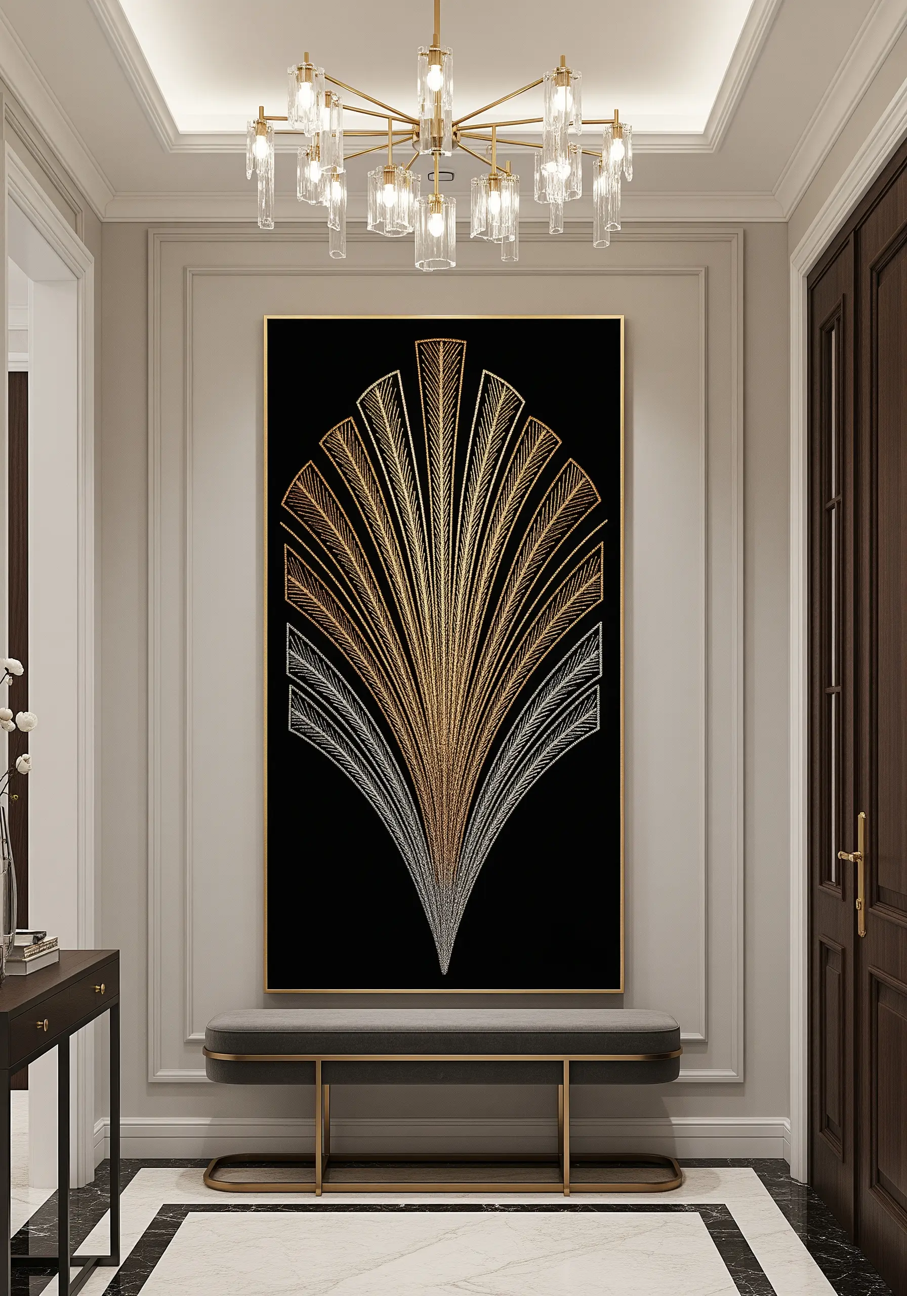 A large Art Deco fan design embroidered in a gradient of gold, bronze, and silver metallic threads.