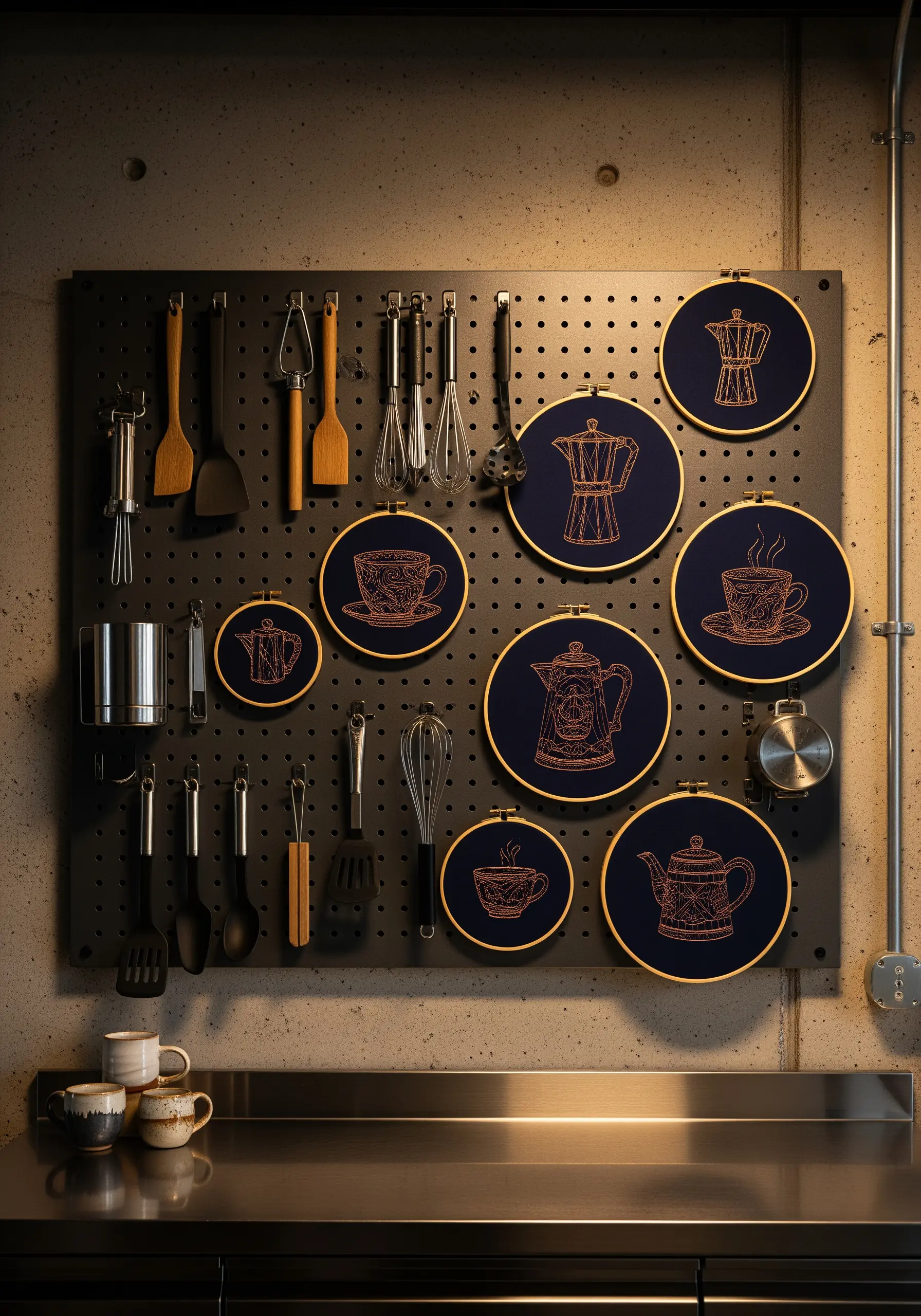 Pegboard display of embroidery hoops showing coffee pots stitched in copper thread on navy