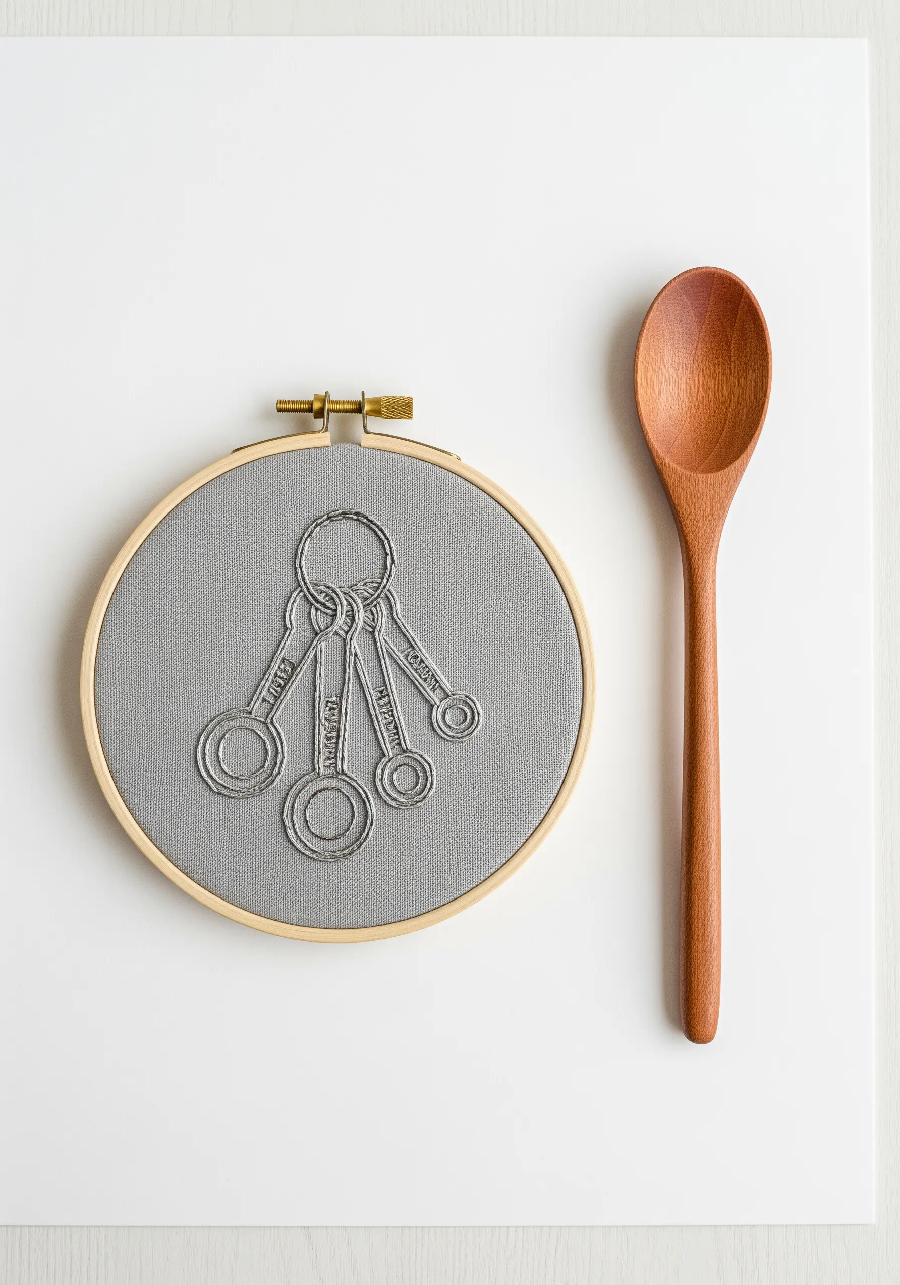 Grey thread embroidery of measuring spoons on grey fabric