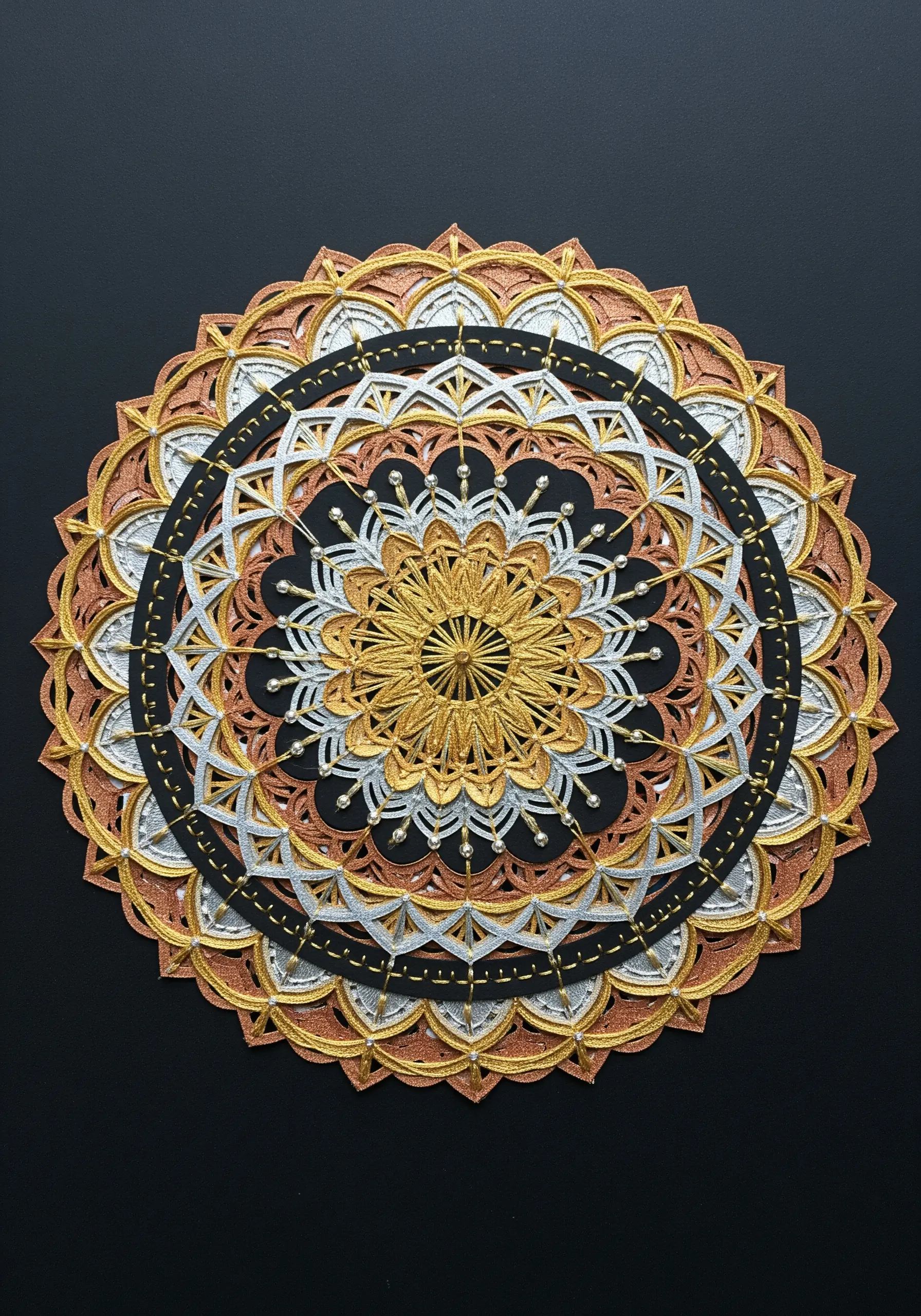 An intricate gold, silver, and copper mandala made from layered paper and metallic threads.