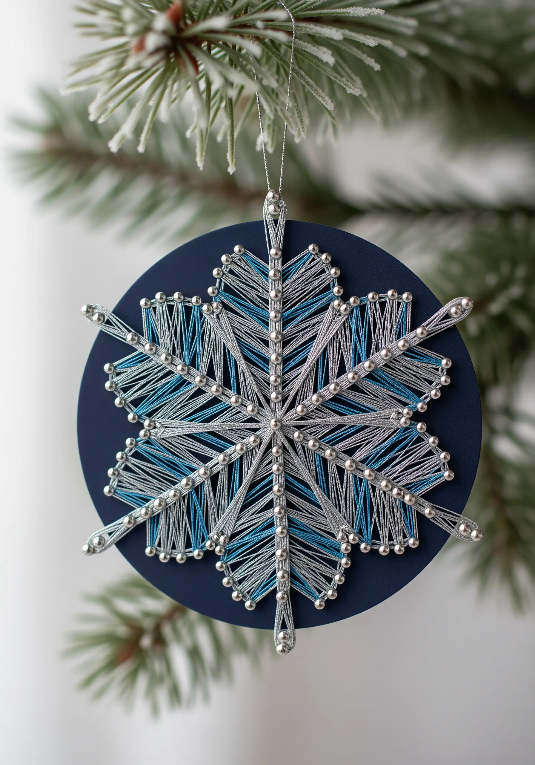 Intricate blue and silver metallic string art snowflake on a dark blue background.