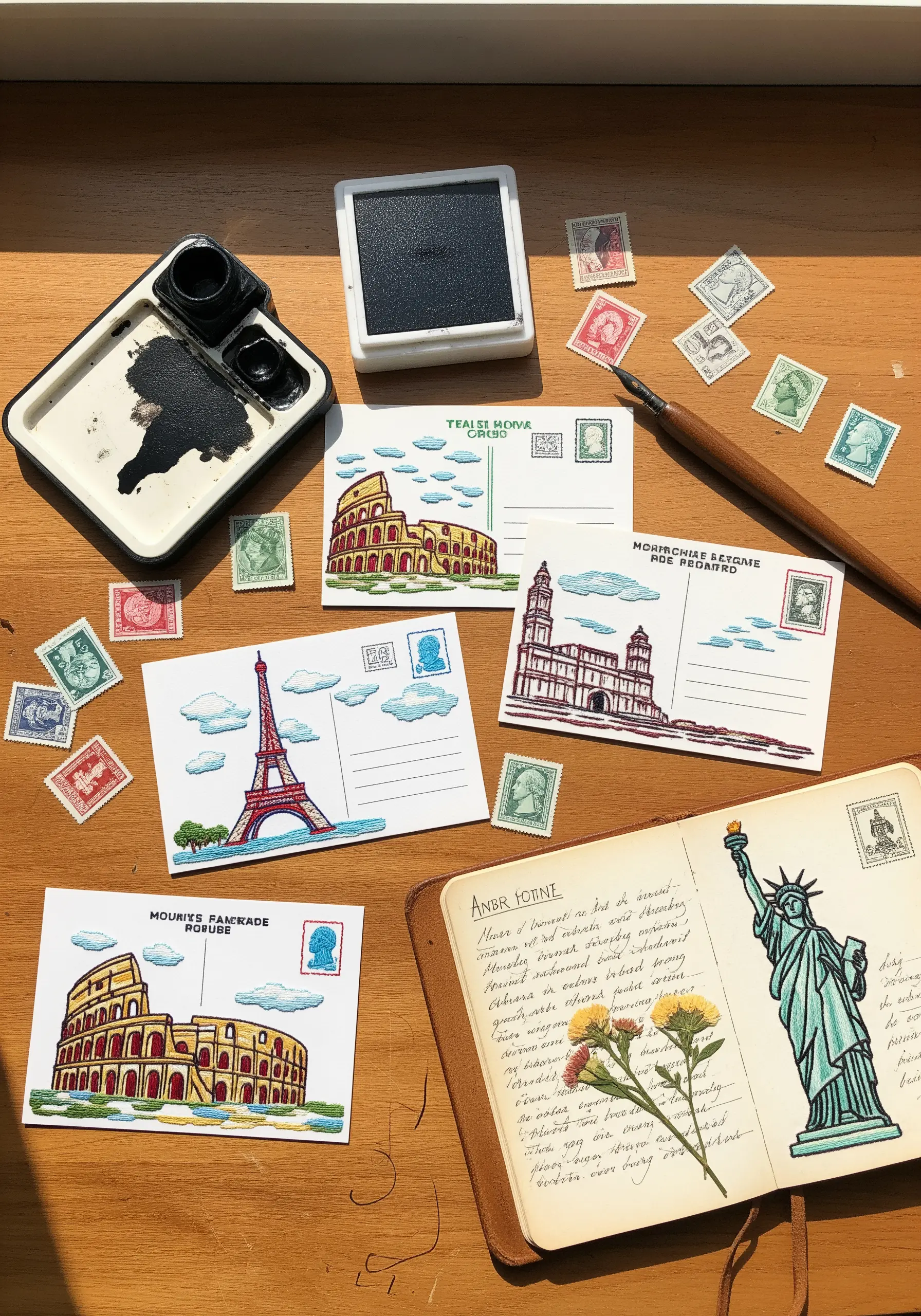Vintage postcards with embroidered landmarks and stamps