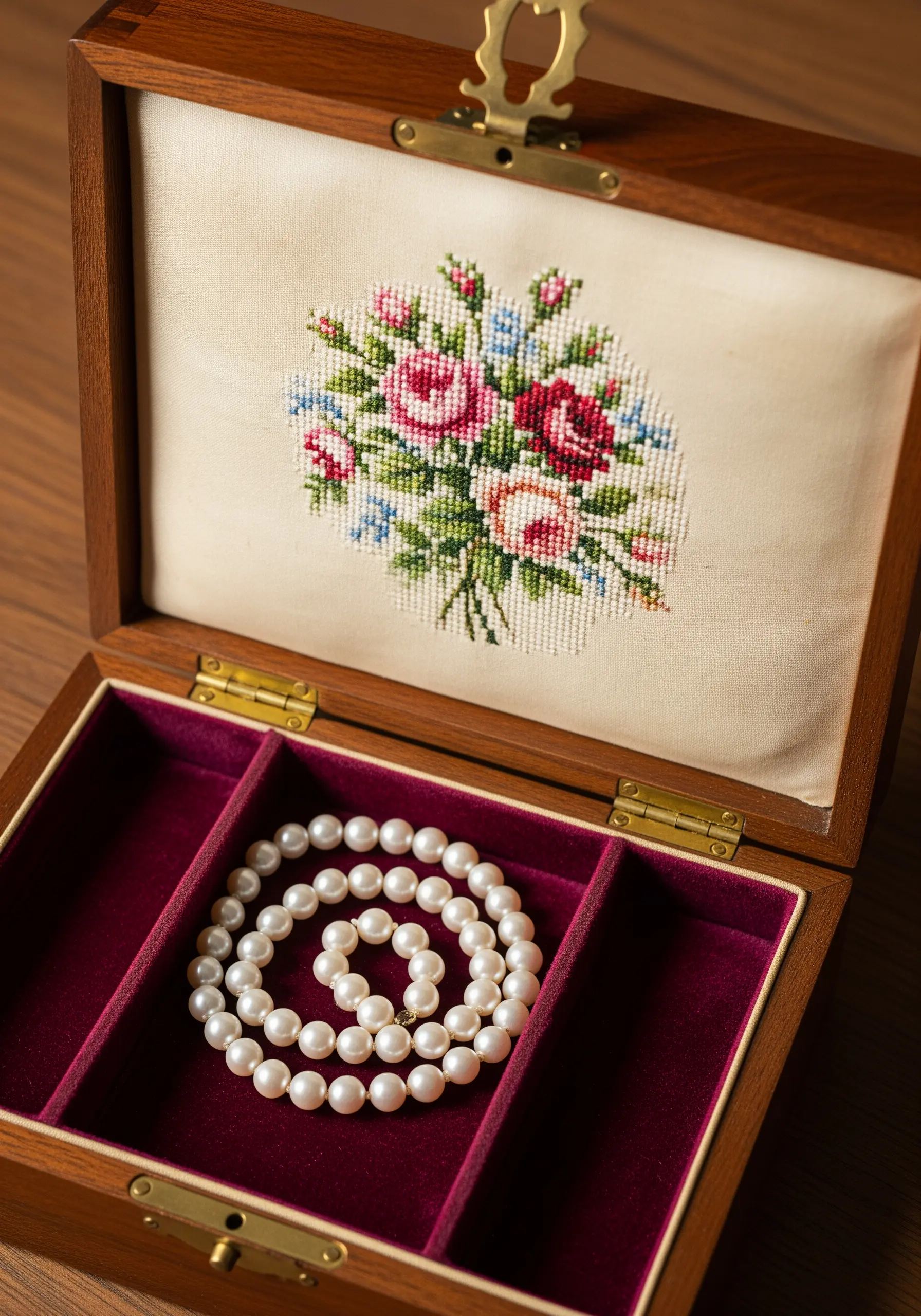 Tiny cross stitch bouquet inside wooden jewelry box