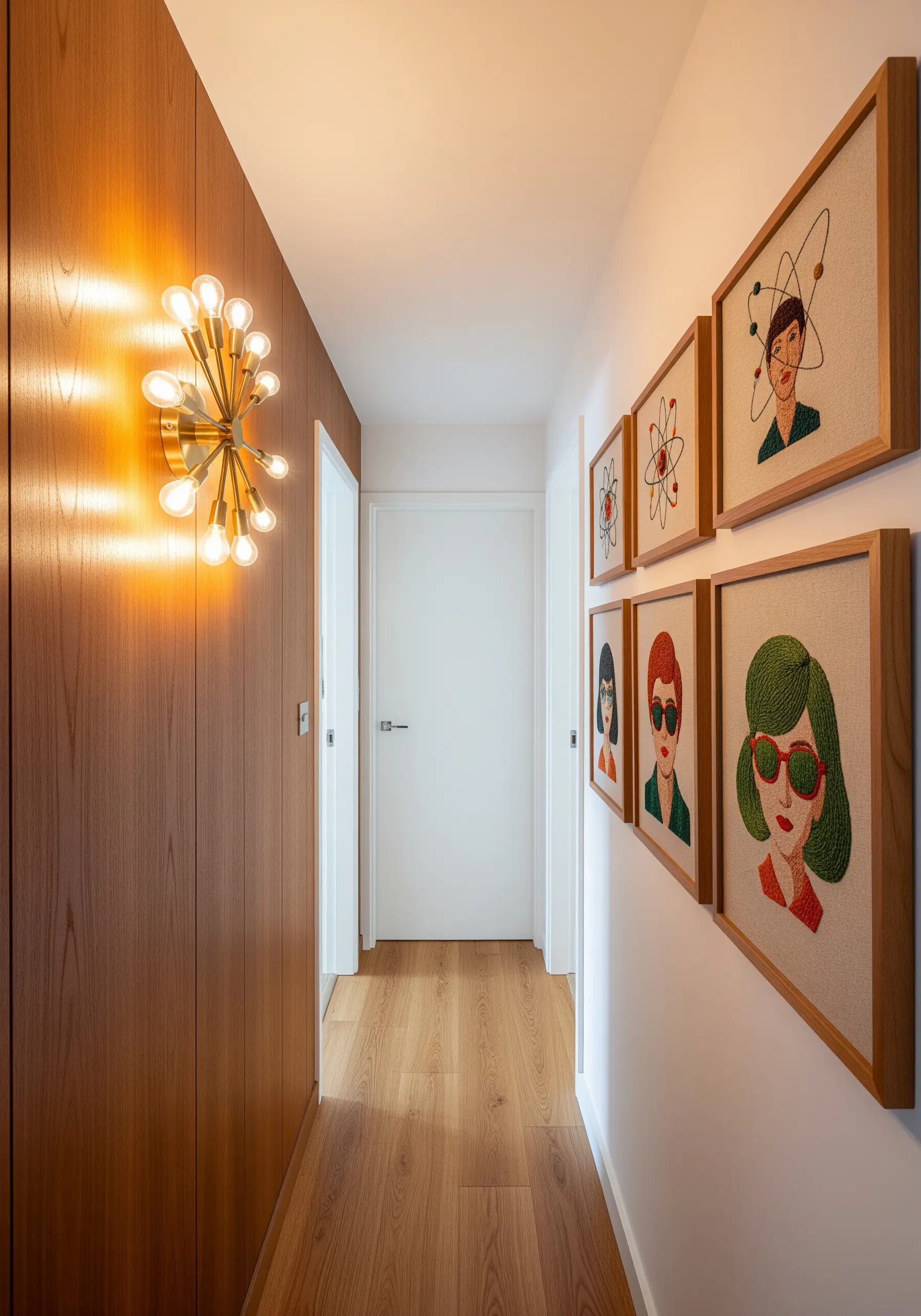 A series of framed, mid-century modern style embroidered portraits on a white wall.
