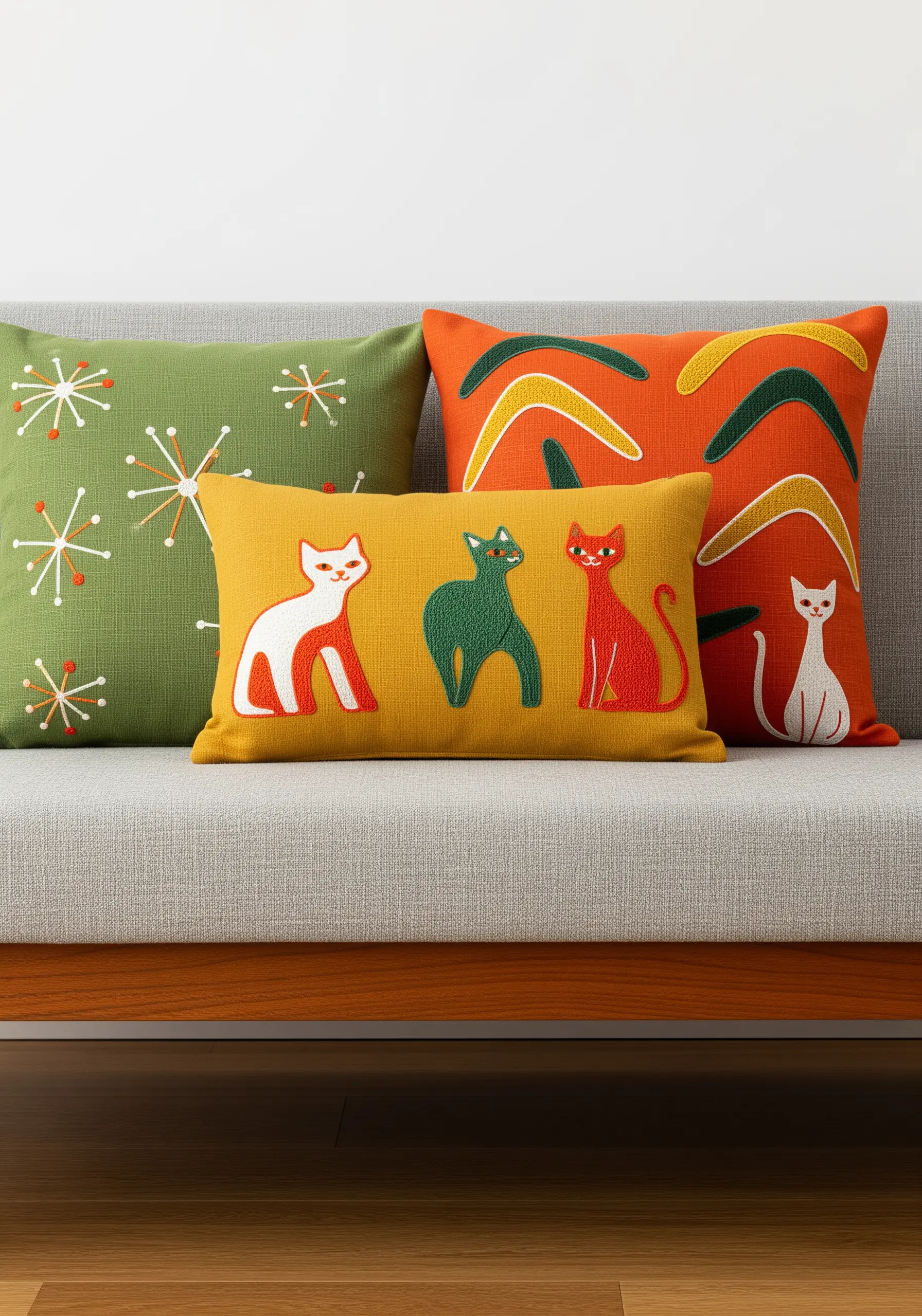 Mid-century modern embroidery of stylized cats and starbursts on green, orange, and yellow pillows.