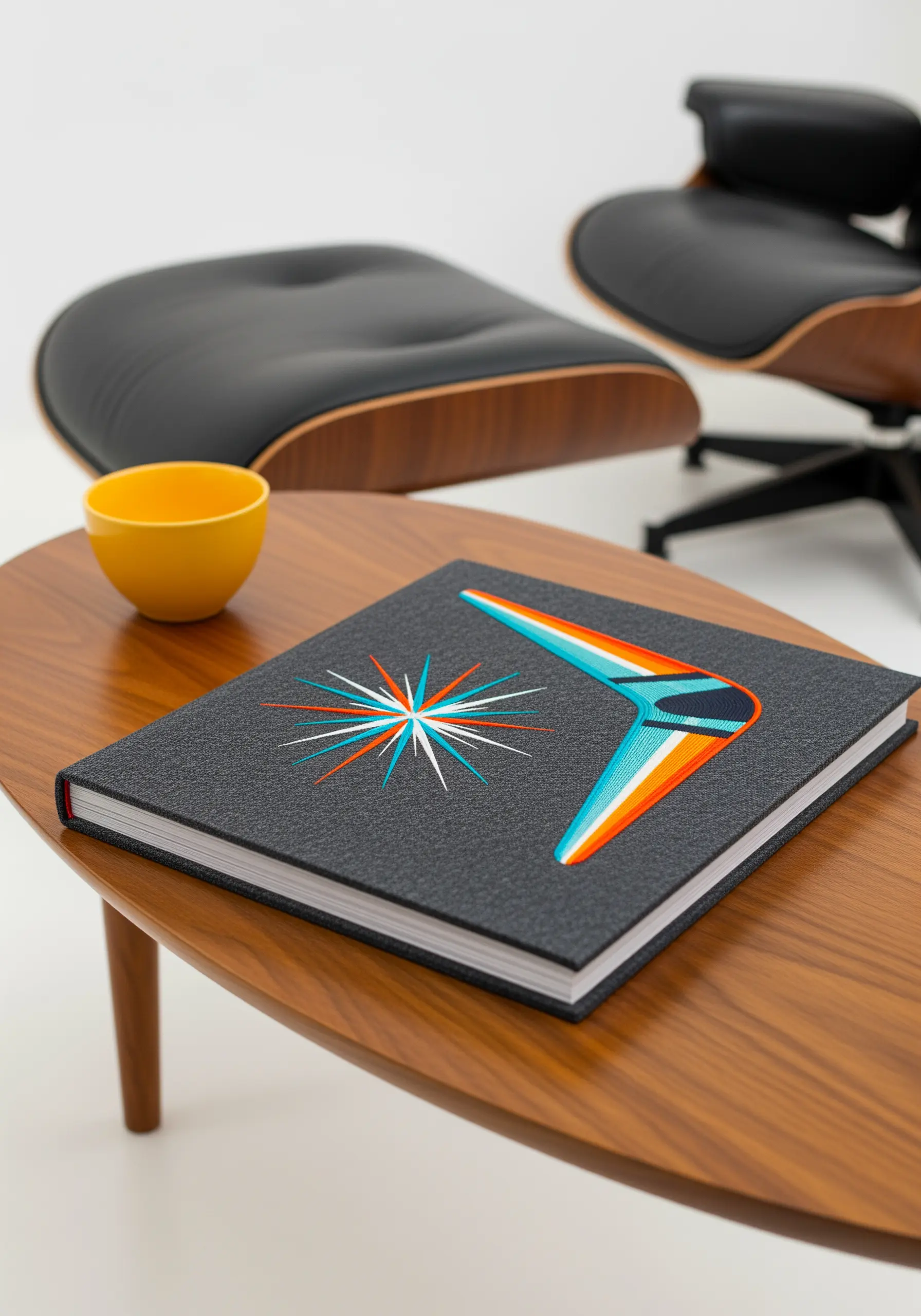 Mid-century modern boomerang and starburst embroidery on a book cover.