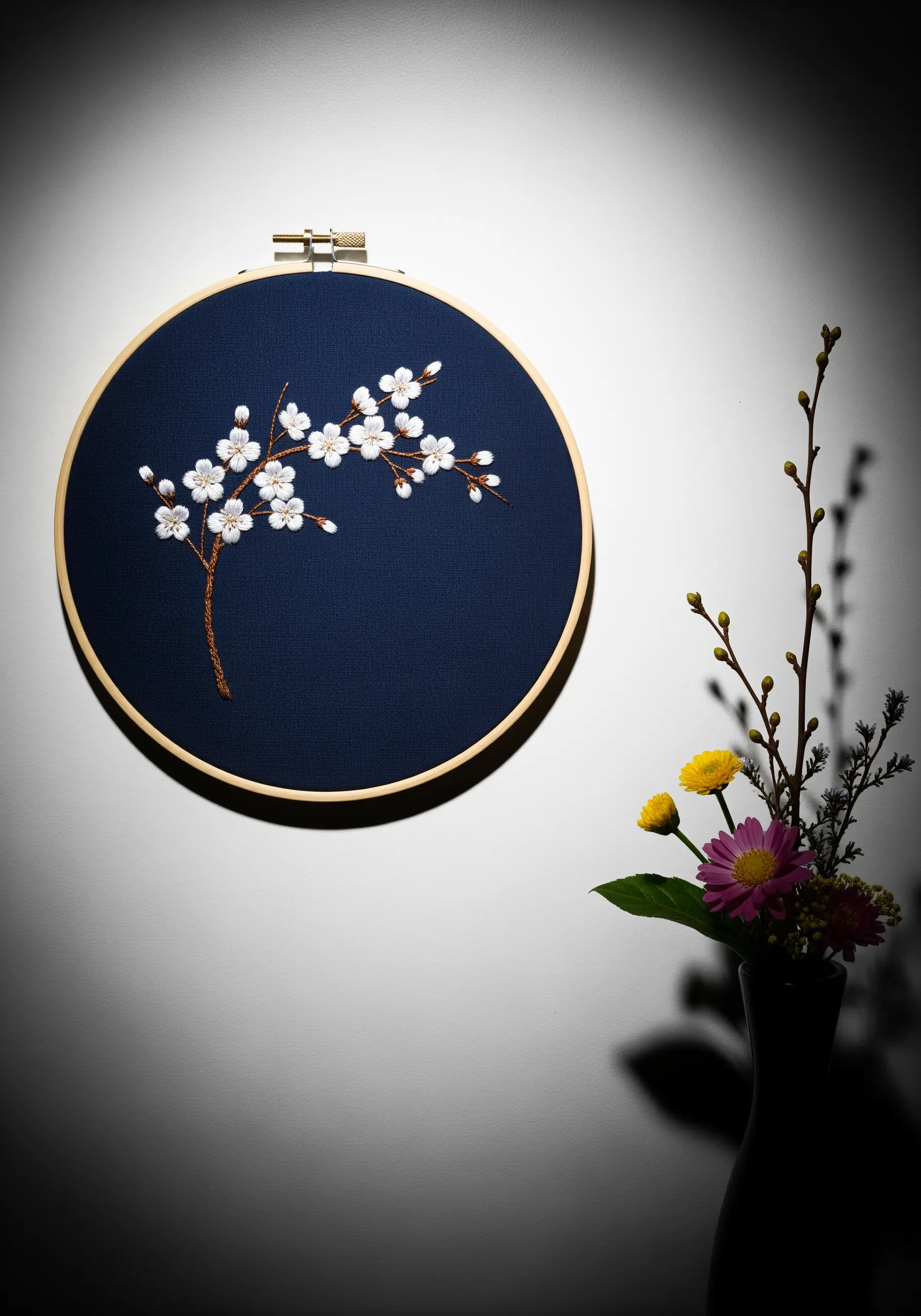 Minimalist white cherry blossom branch embroidered on dark navy fabric in a hoop.