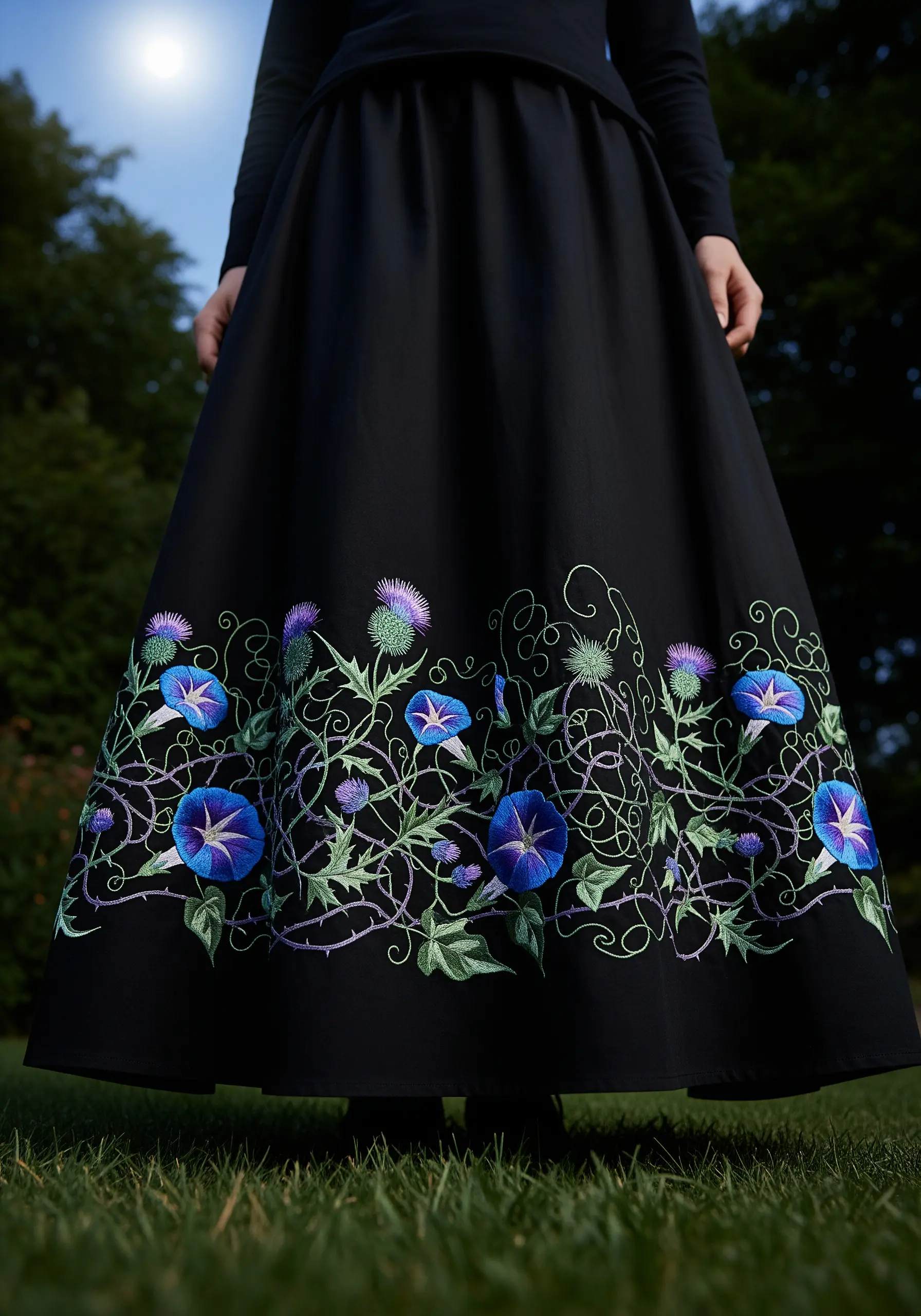 Embroidered blue morning glories and thorny vines along the hem of a black skirt.