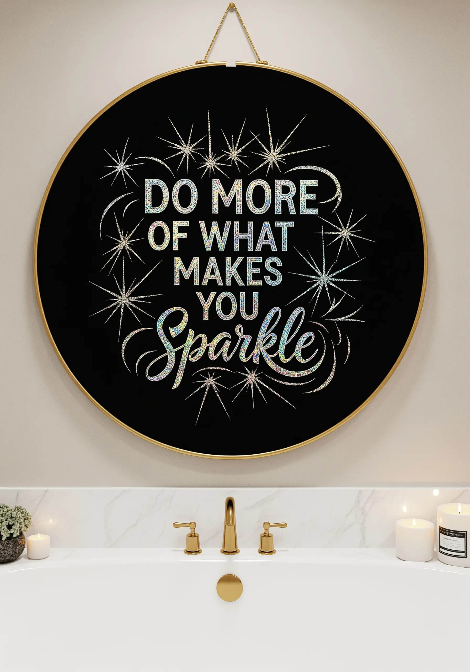 A quote embroidered with glittering, holographic thread, surrounded by sparkling starbursts on black fabric.
