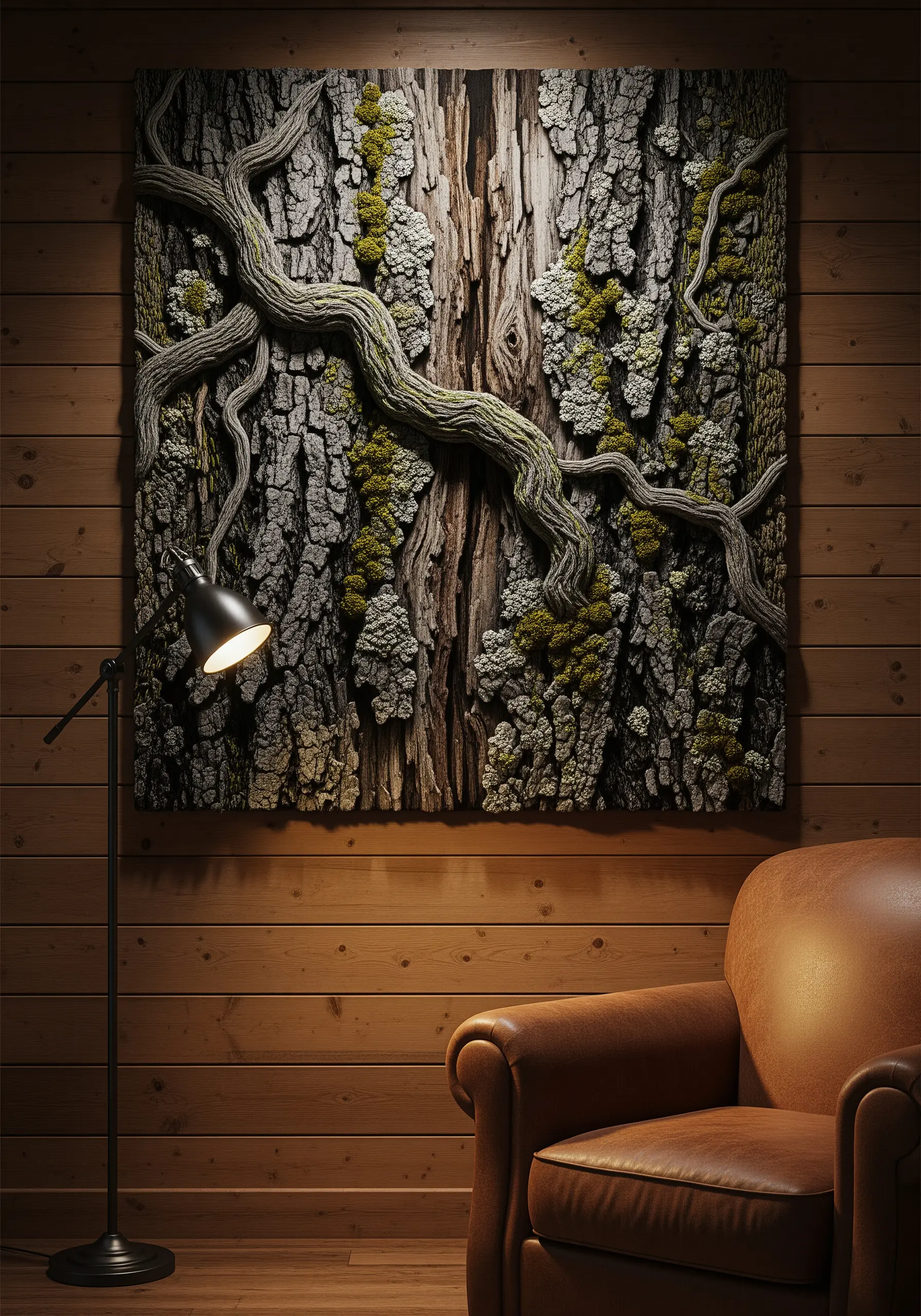 A highly textured 3D embroidery of tree bark with moss and gnarled branches