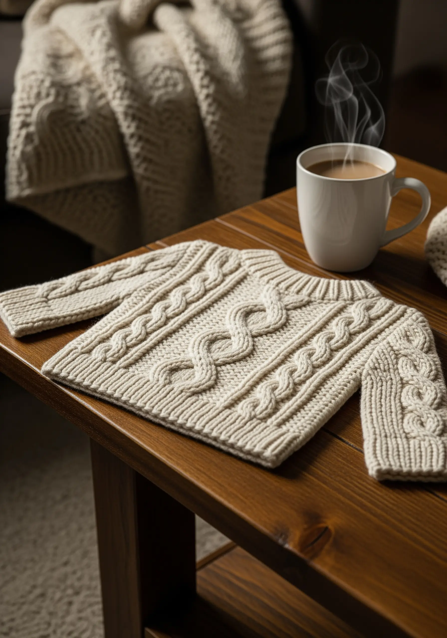 A highly textured, embroidered cable-knit sweater in cream yarn on a mug rug.