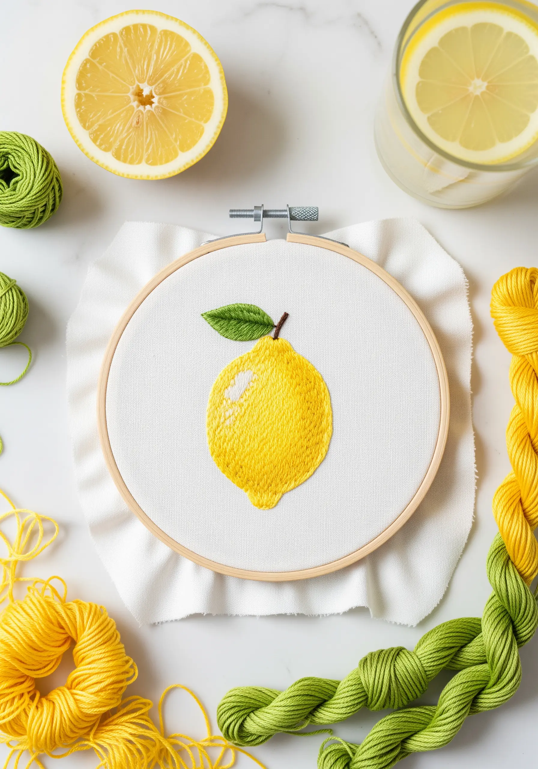 Embroidered lemon filled with split stitch in shades of yellow to create texture.