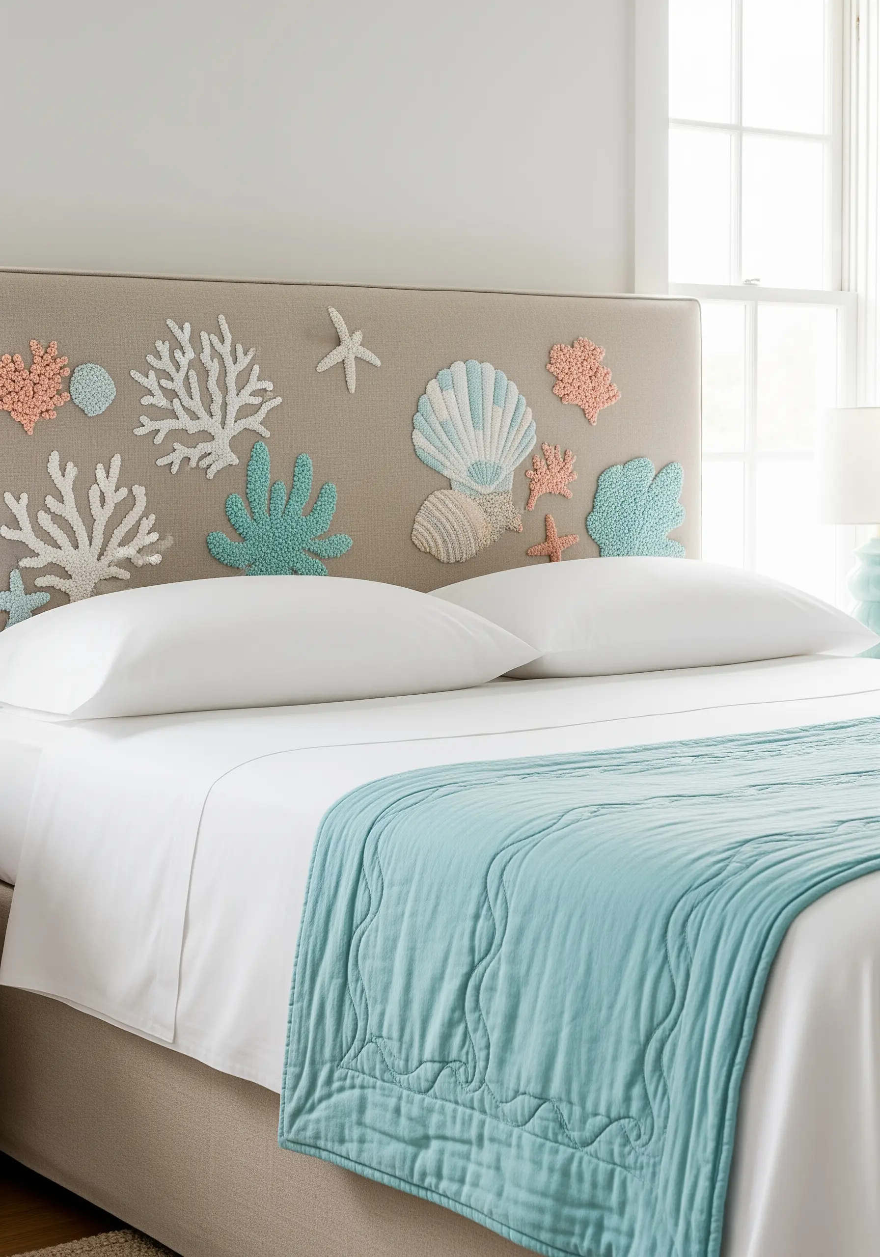 Embroidered coral, seashells, and starfish on a headboard using French knots and satin stitch.