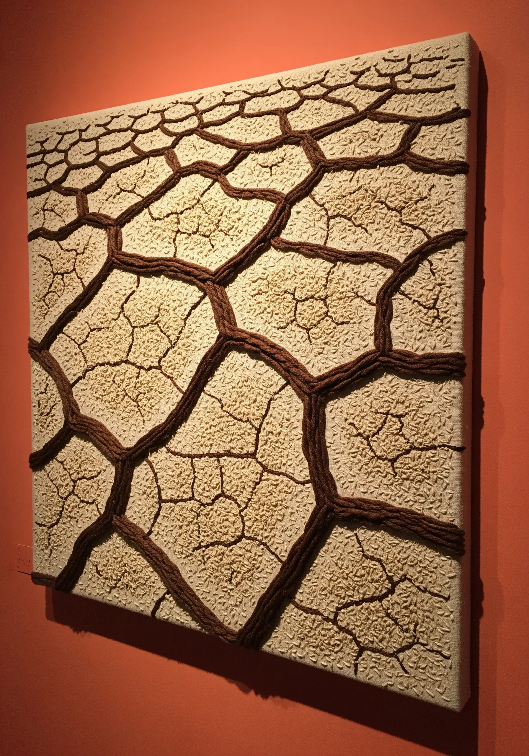 A textured canvas depicting cracked earth, using couched brown yarn for cracks and seed stitches for soil.