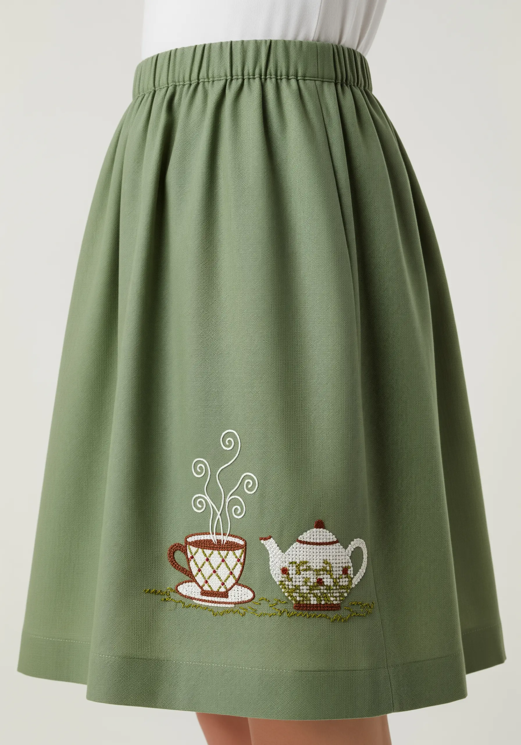 A teacup and teapot embroidered in a style that mimics cross-stitch.