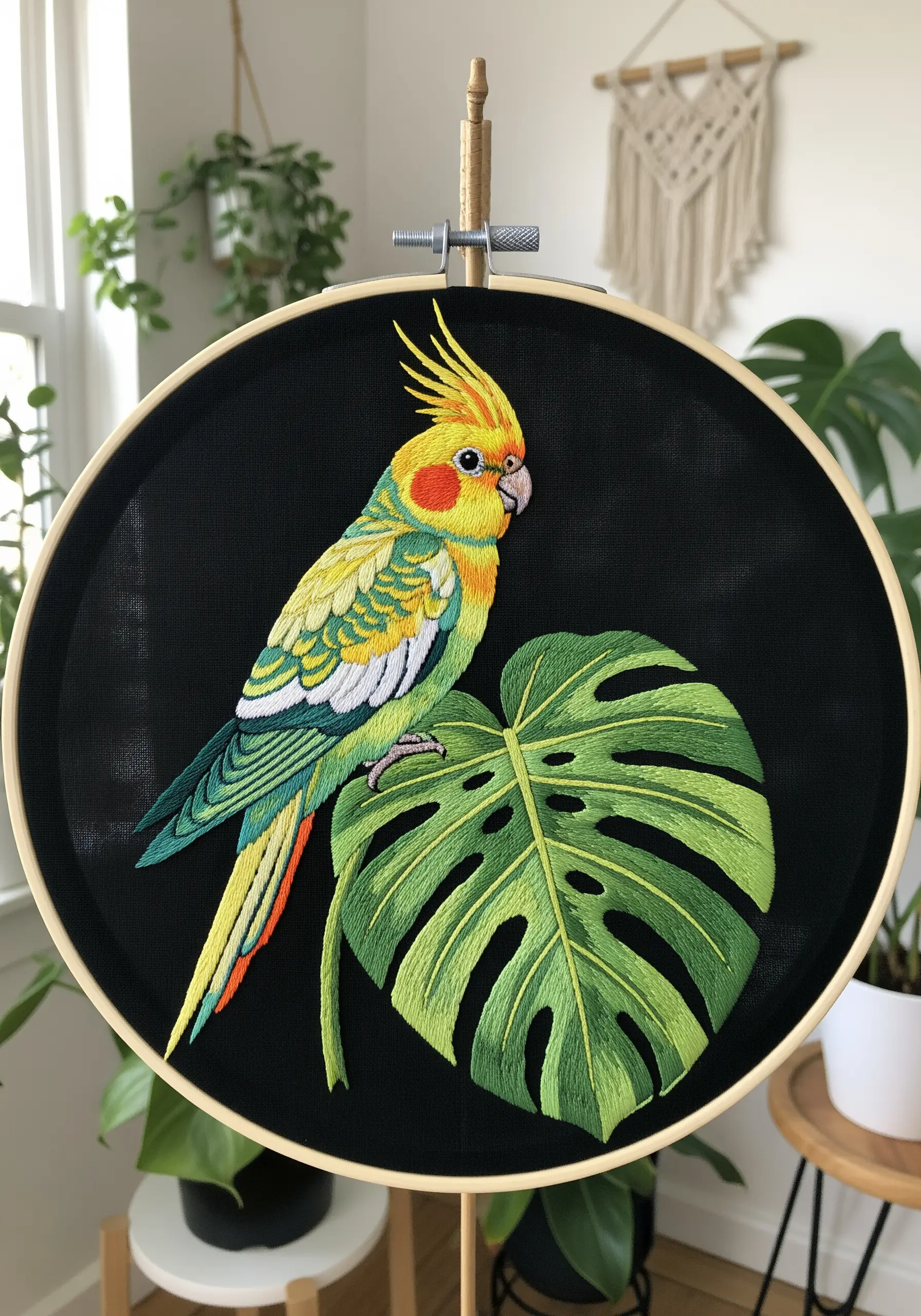 Vibrantly colored embroidered cockatiel perched on a large, detailed monstera leaf.