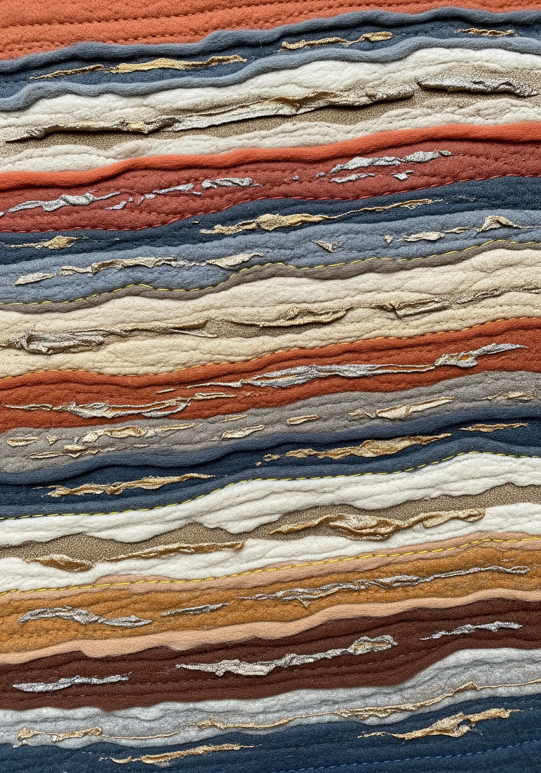 Abstract artwork with horizontal layers of textured fabric in earth tones, accented with gold thread.