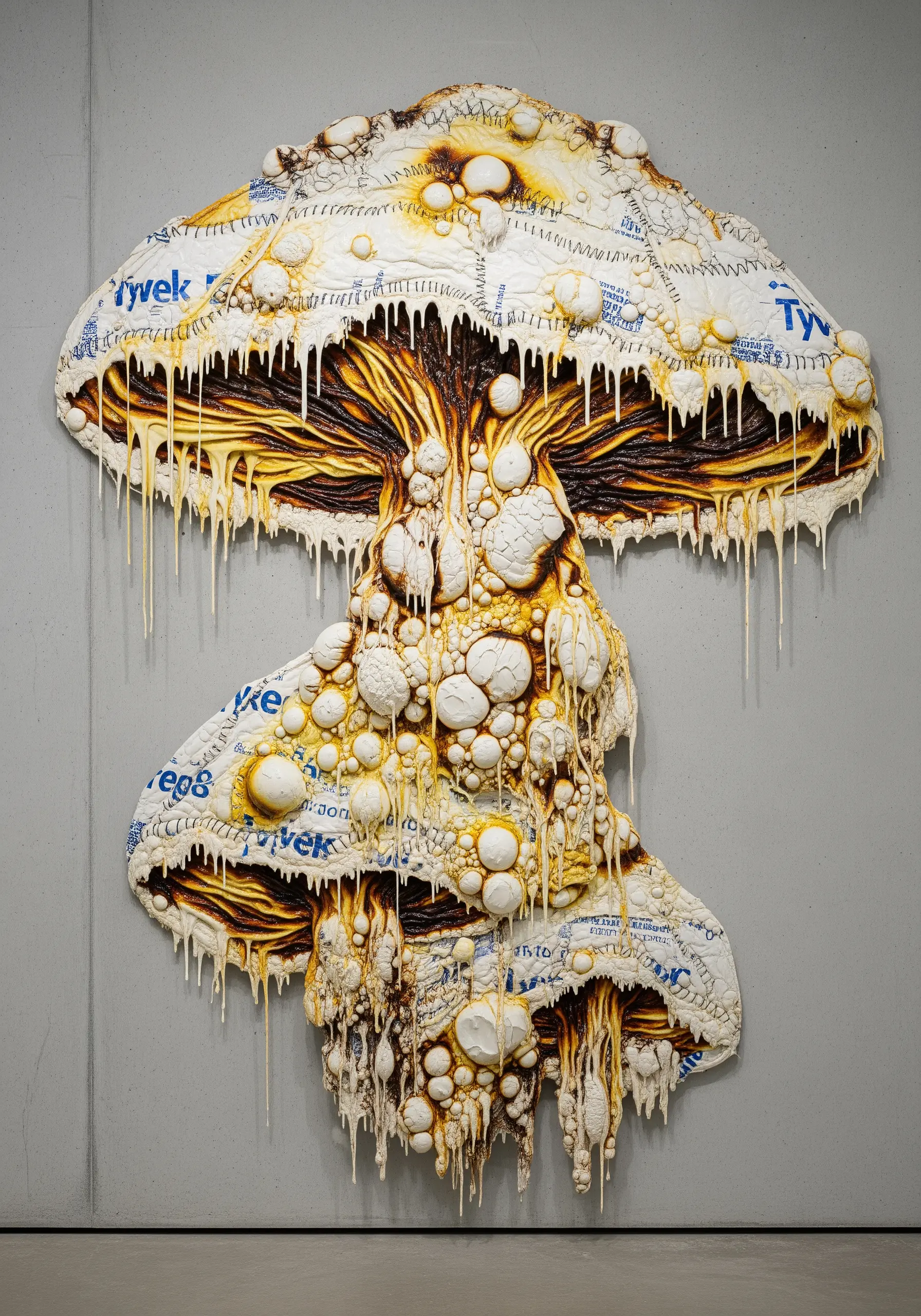 A large, grotesque wall sculpture of a mushroom made from fabric, foam, and dripping paint.