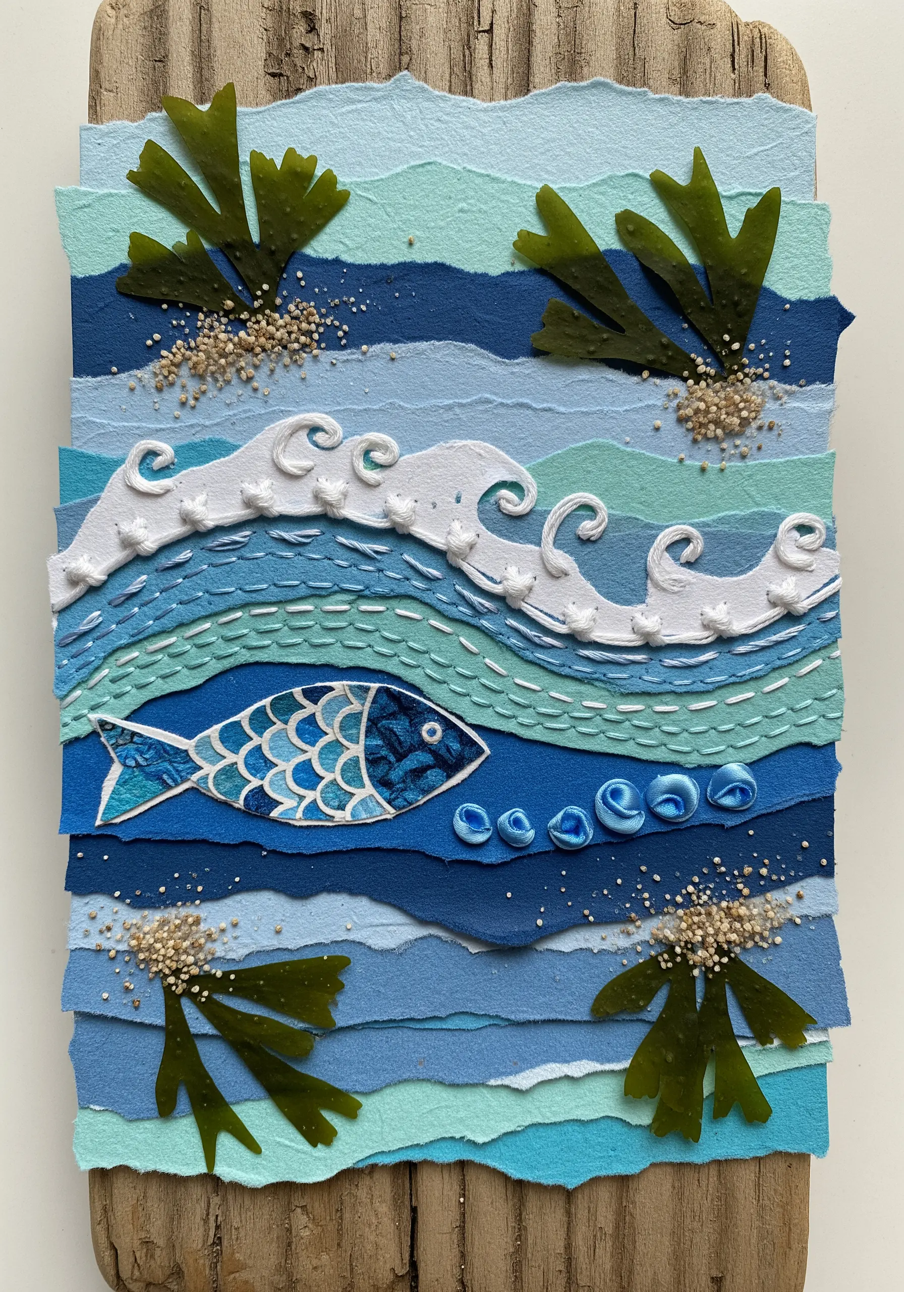 An ocean-themed collage with French knots creating textured white waves on layered paper.