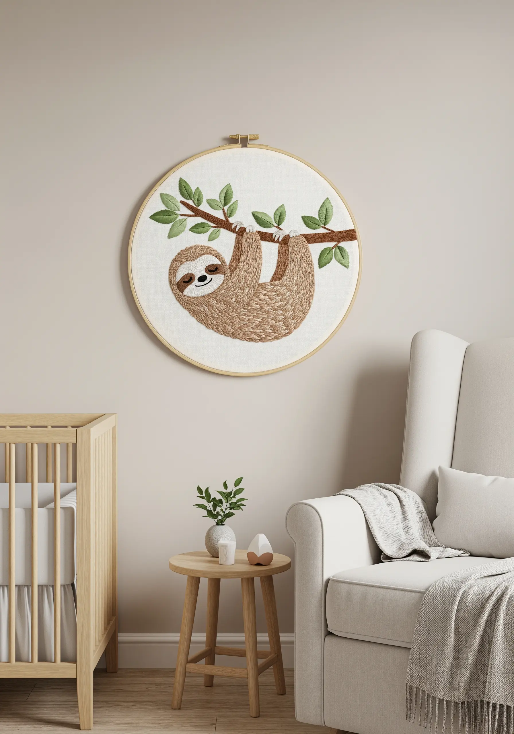 Embroidered sloth hanging from a branch, with detailed long-and-short stitch fur.